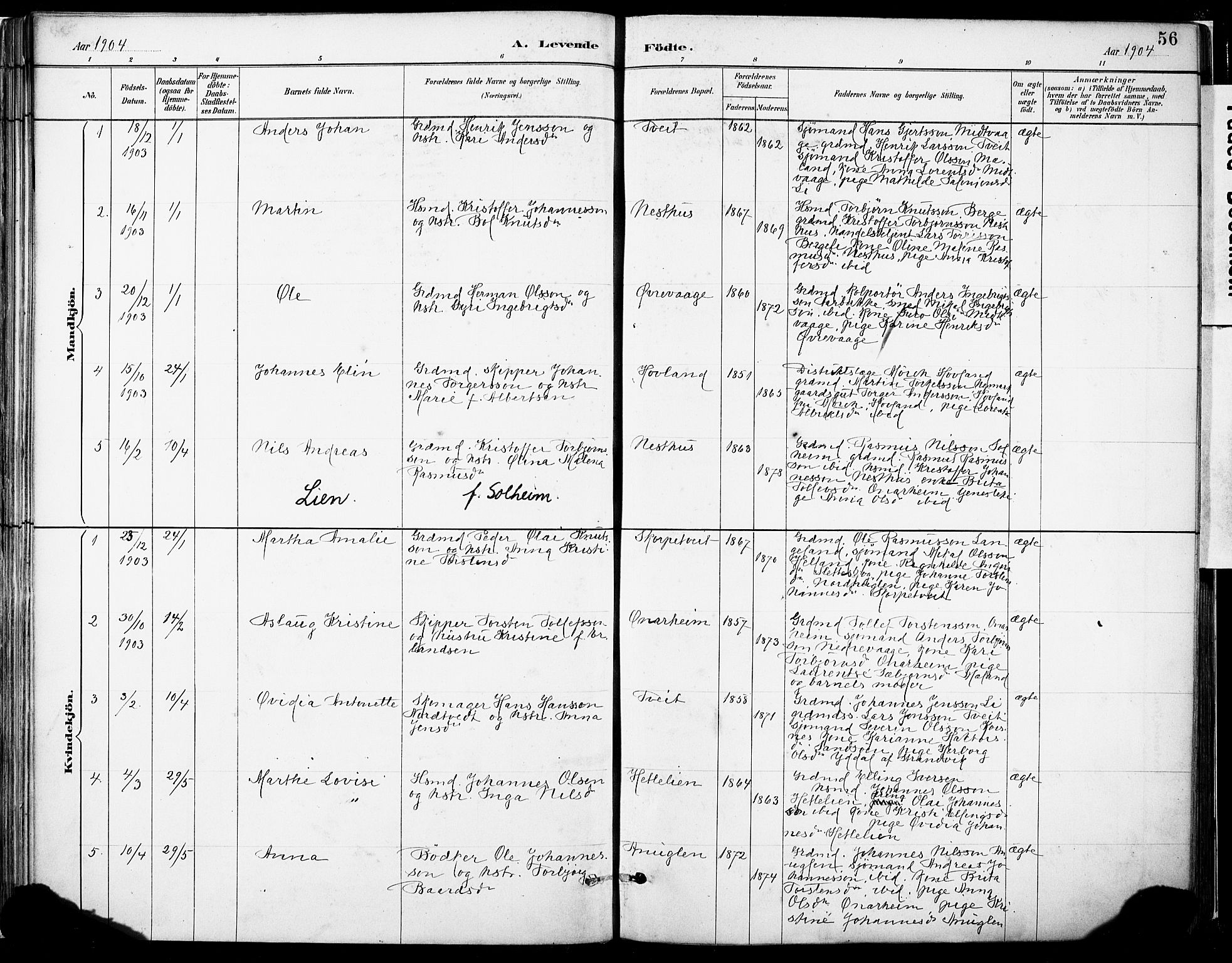 Tysnes sokneprestembete, SAB/A-78601/H/Haa: Parish register (official) no. C 1, 1887-1912, p. 56