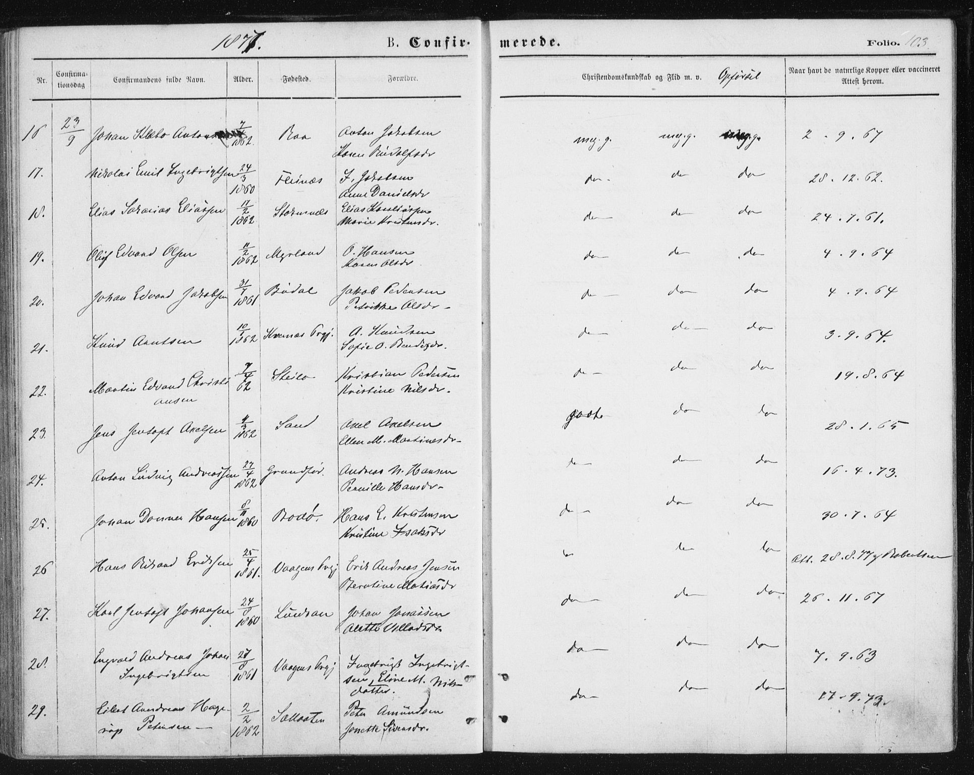 Ministerialprotokoller, klokkerbøker og fødselsregistre - Nordland, AV/SAT-A-1459/888/L1243: Parish register (official) no. 888A09, 1876-1879, p. 103