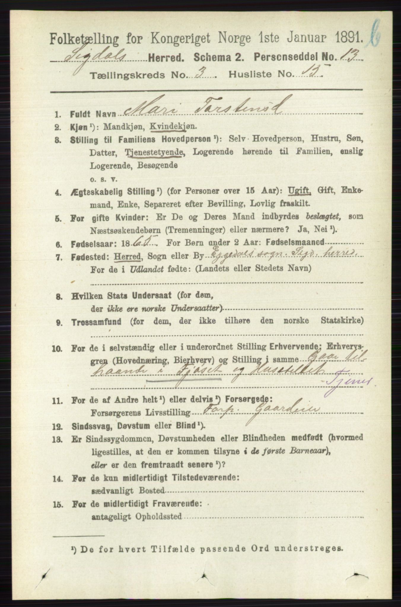 RA, 1891 census for 0621 Sigdal, 1891, p. 4399