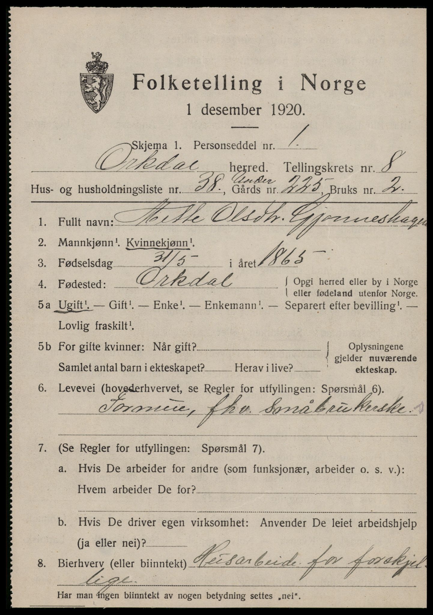 SAT, 1920 census for Orkdal, 1920, p. 6874