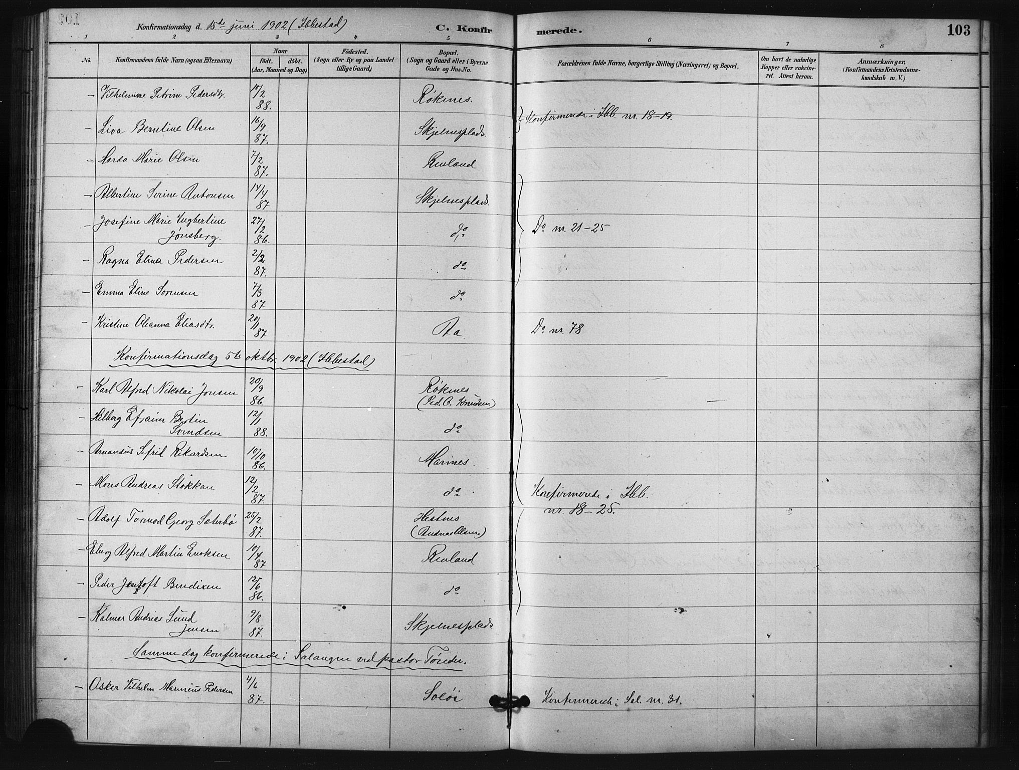 Salangen sokneprestembete, SATØ/S-1324/H/Ha/L0001klokker: Parish register (copy) no. 1, 1893-1910, p. 103