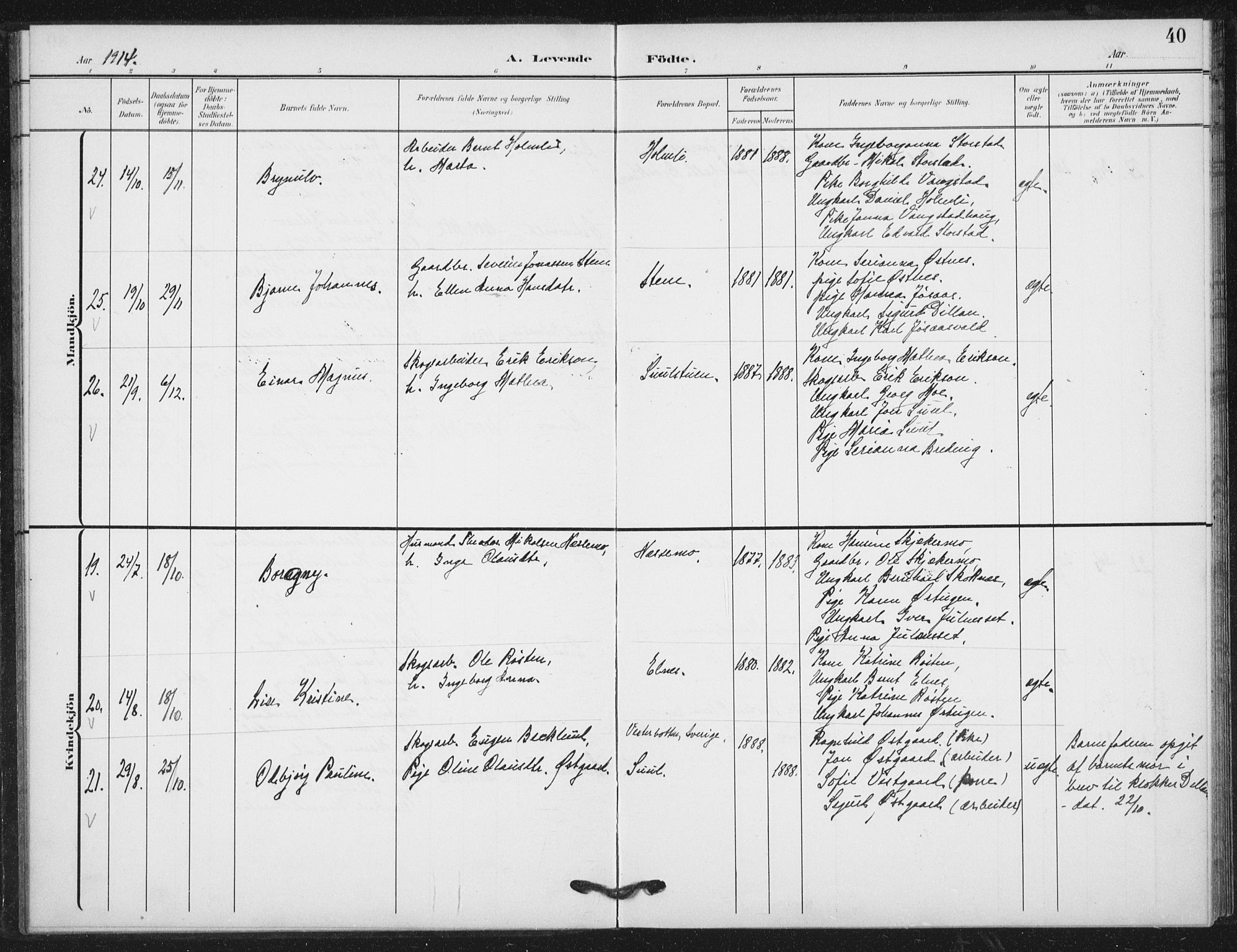 Ministerialprotokoller, klokkerbøker og fødselsregistre - Nord-Trøndelag, AV/SAT-A-1458/724/L0264: Parish register (official) no. 724A02, 1908-1915, p. 40