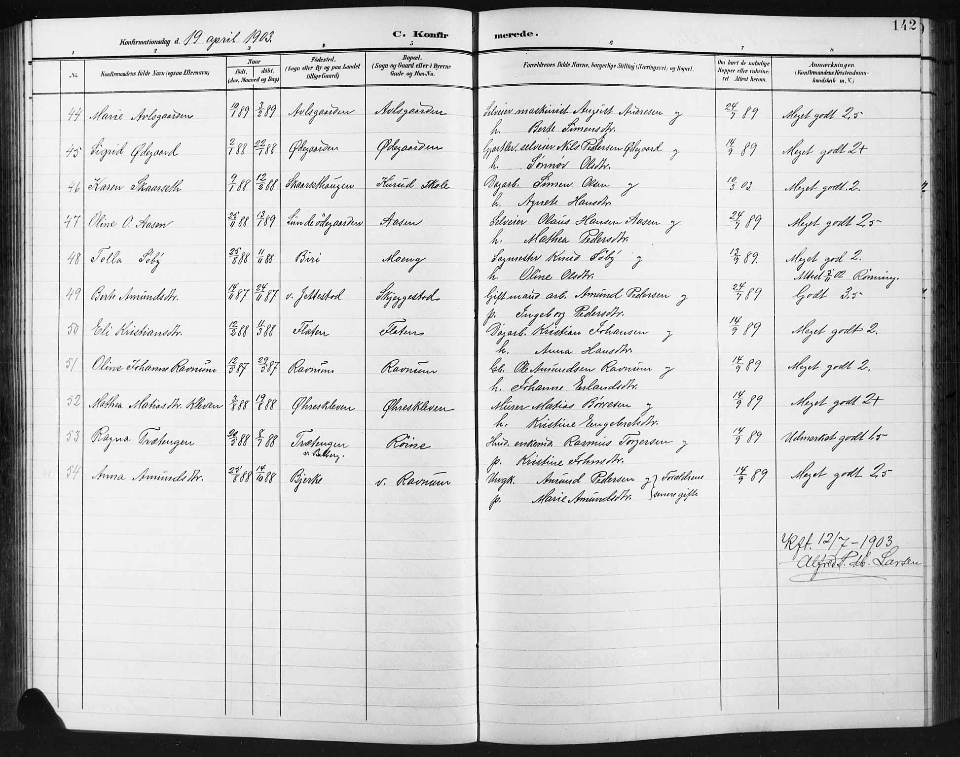 Fåberg prestekontor, AV/SAH-PREST-086/H/Ha/Hab/L0012: Parish register (copy) no. 12, 1903-1924, p. 142