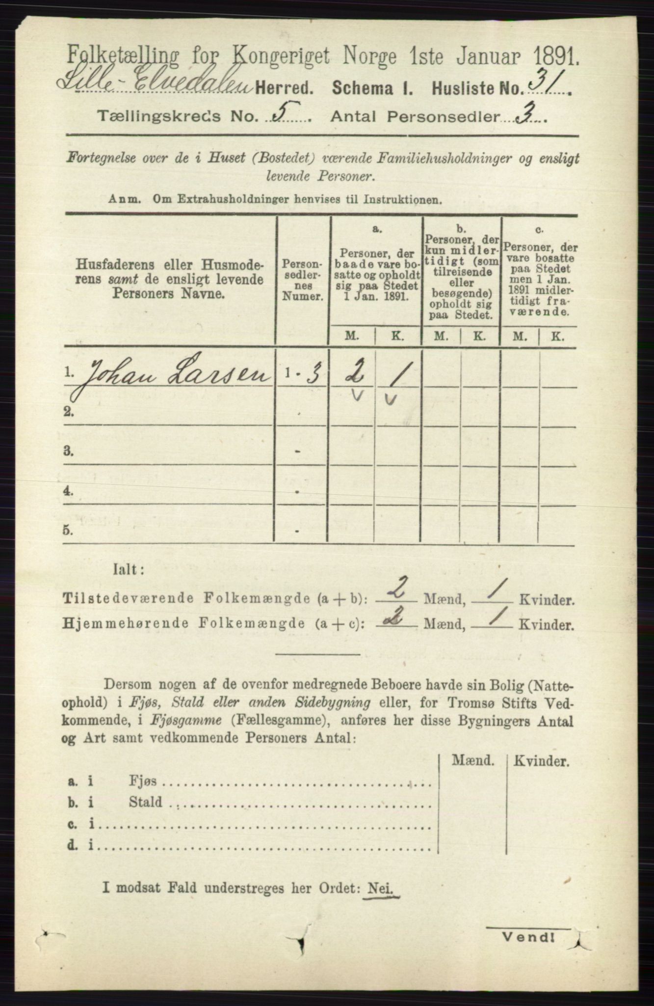 RA, 1891 census for 0438 Lille Elvedalen, 1891, p. 1539