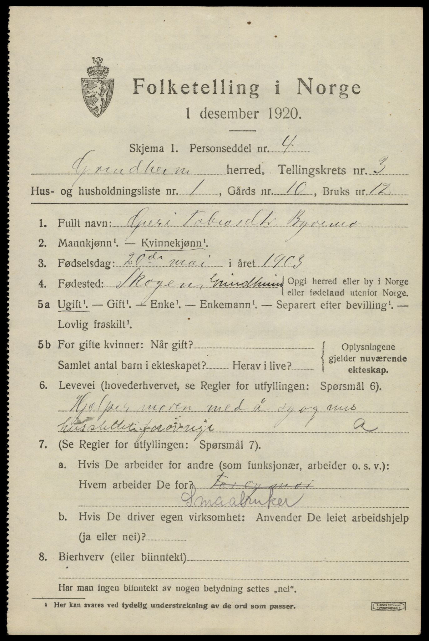 SAK, 1920 census for Grindheim, 1920, p. 895