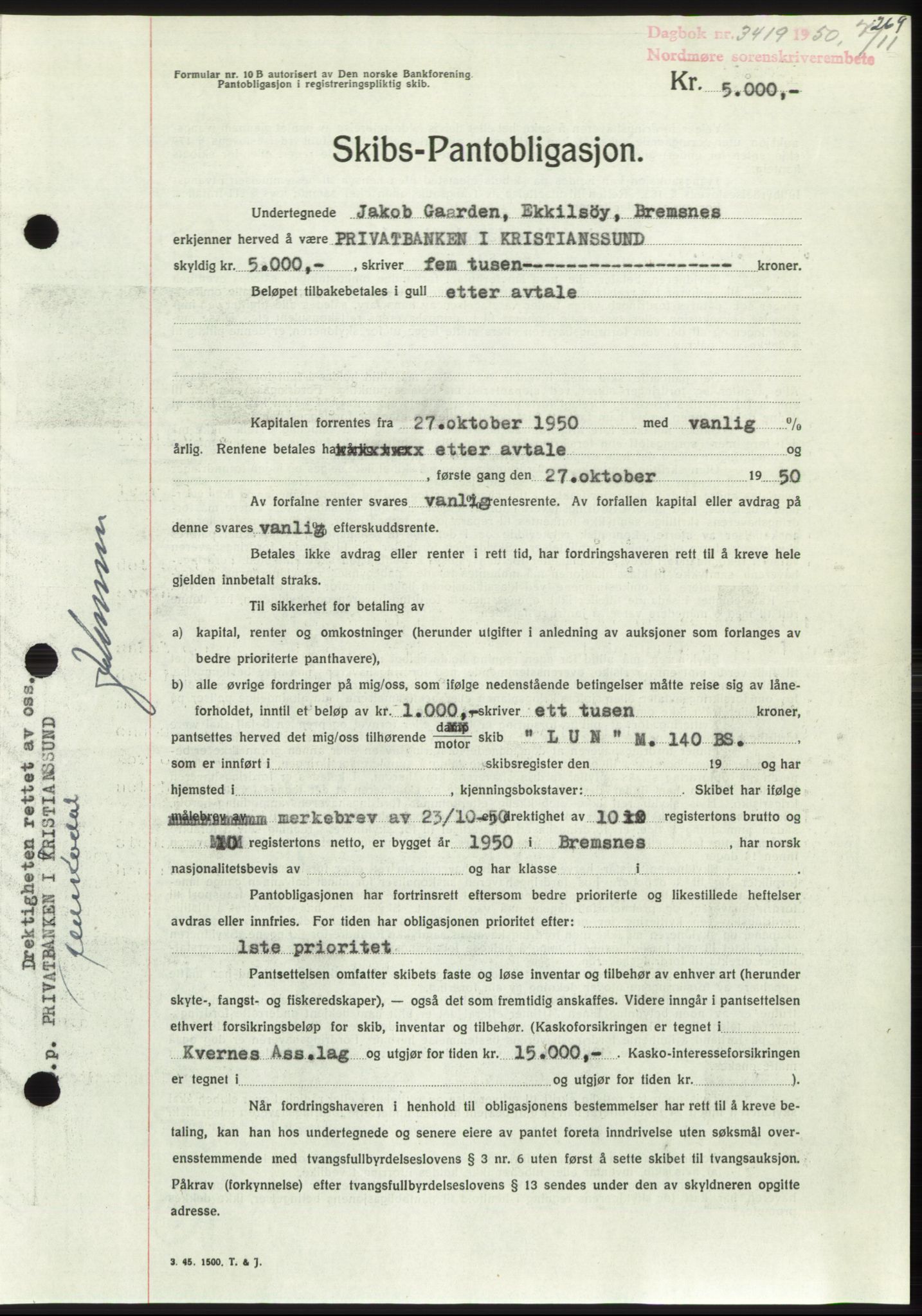 Nordmøre sorenskriveri, AV/SAT-A-4132/1/2/2Ca: Mortgage book no. B106, 1950-1950, Diary no: : 3419/1950