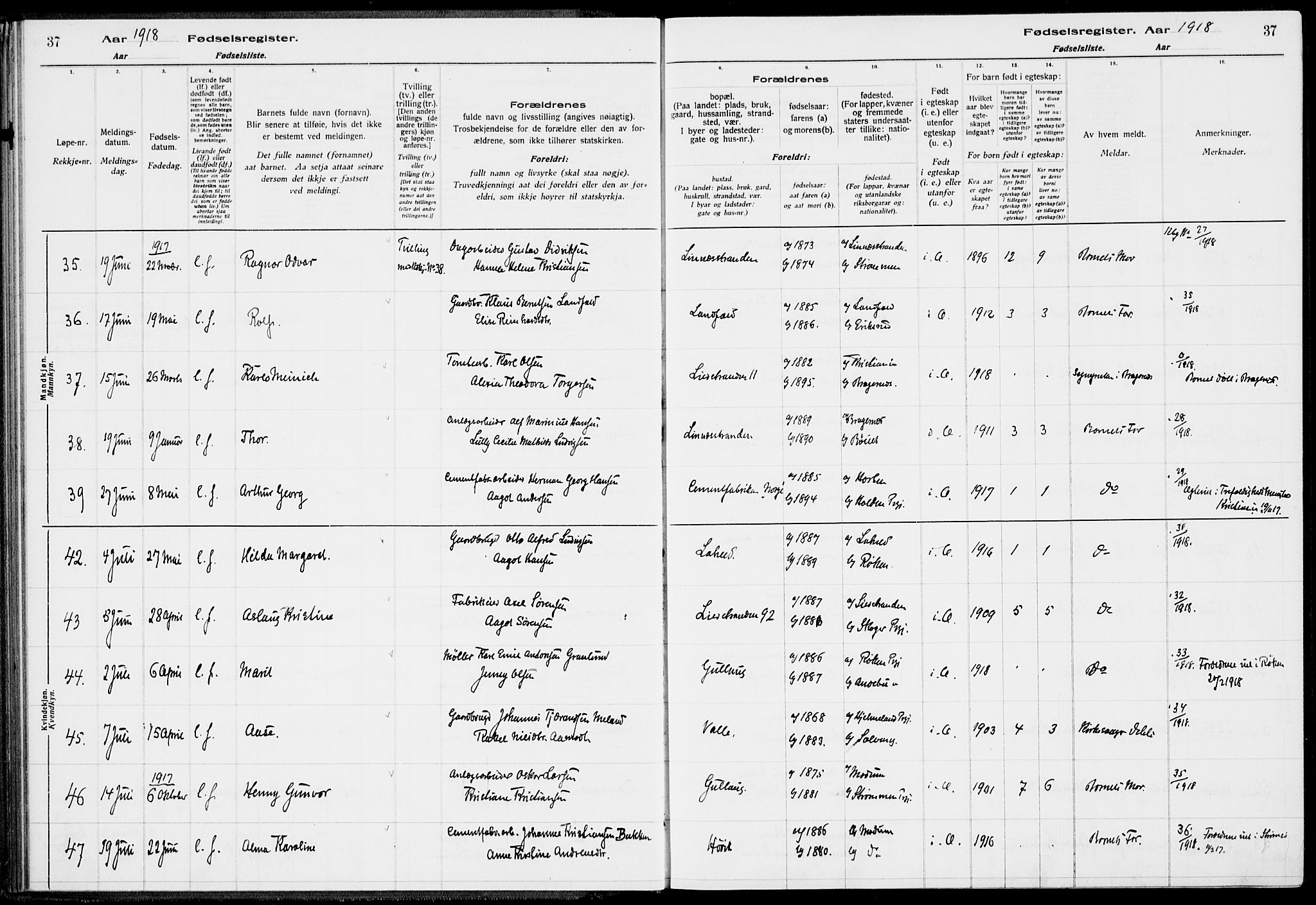 Lier kirkebøker, AV/SAKO-A-230/J/Ja/L0001: Birth register no. 1, 1916-1928, p. 37