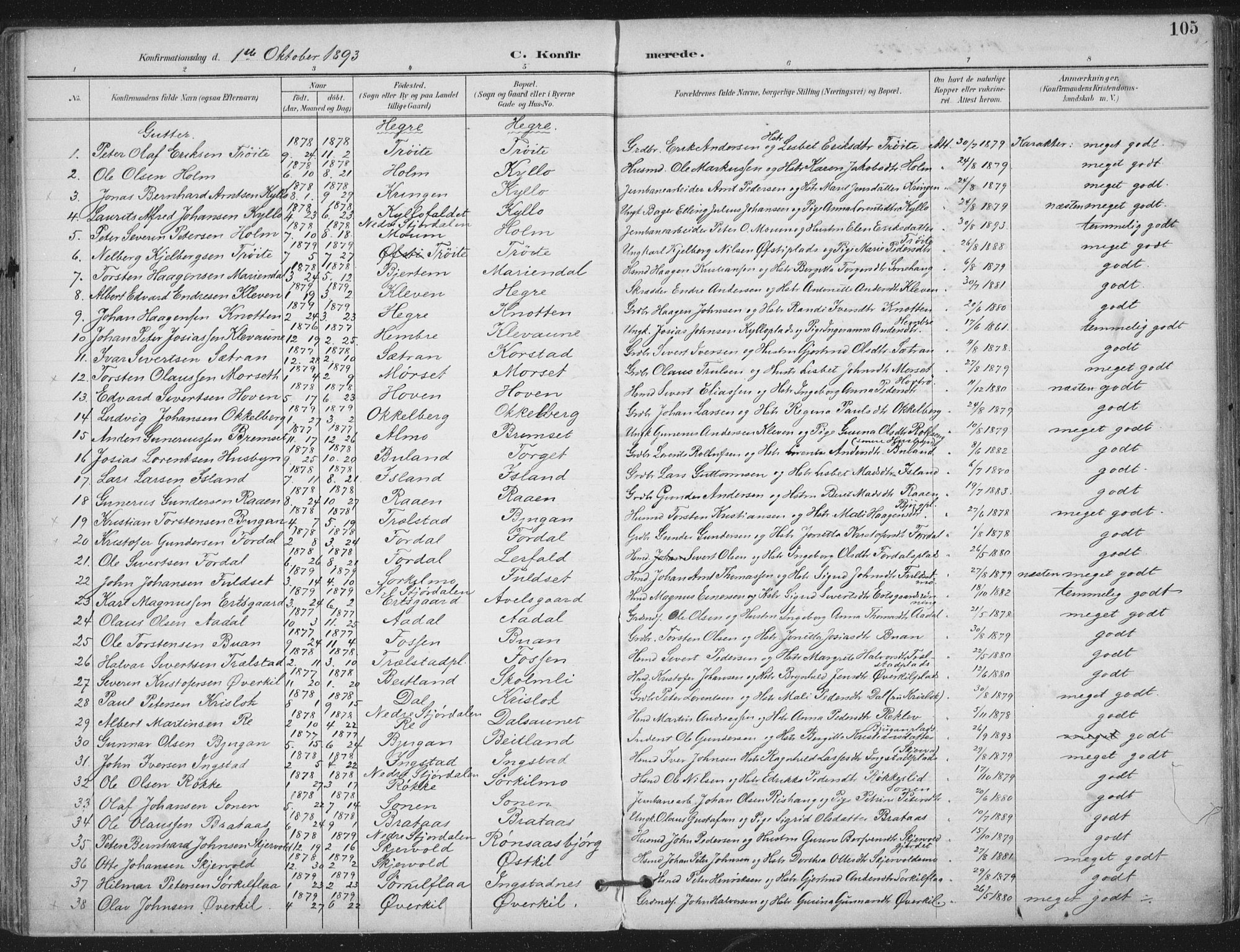 Ministerialprotokoller, klokkerbøker og fødselsregistre - Nord-Trøndelag, SAT/A-1458/703/L0031: Parish register (official) no. 703A04, 1893-1914, p. 105
