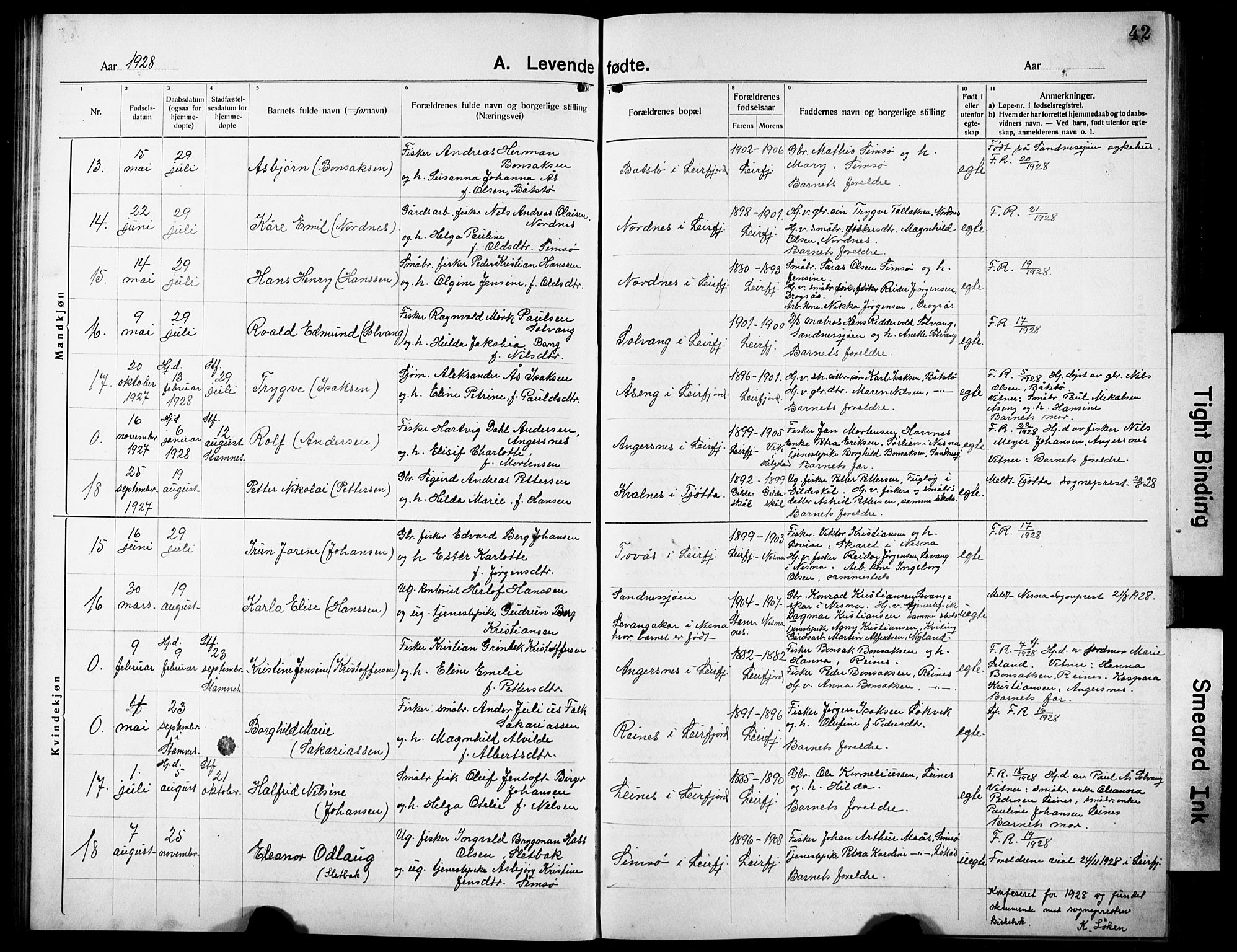 Ministerialprotokoller, klokkerbøker og fødselsregistre - Nordland, AV/SAT-A-1459/832/L0495: Parish register (copy) no. 832C02, 1920-1932, p. 42