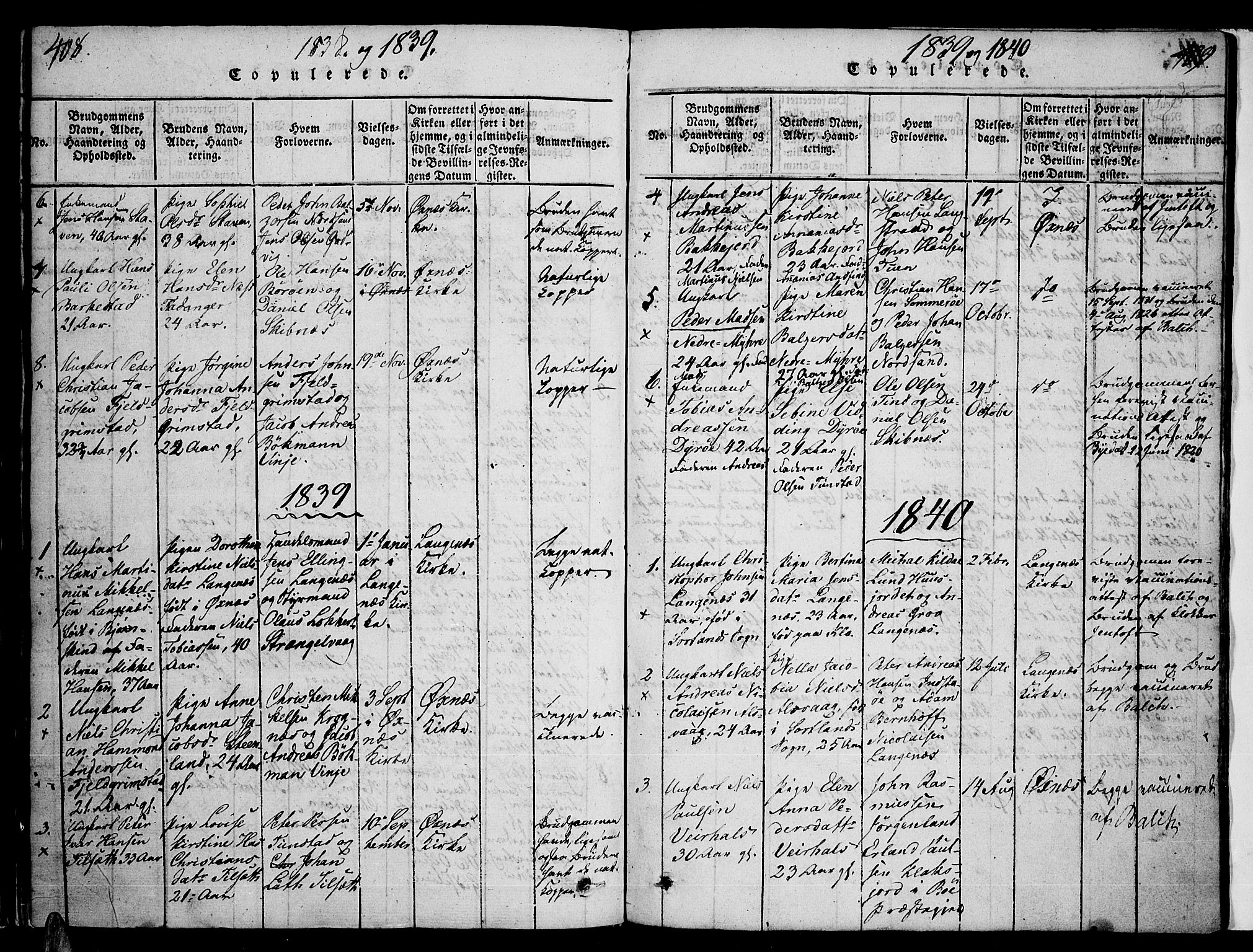 Ministerialprotokoller, klokkerbøker og fødselsregistre - Nordland, AV/SAT-A-1459/893/L1331: Parish register (official) no. 893A04, 1820-1840, p. 408-409