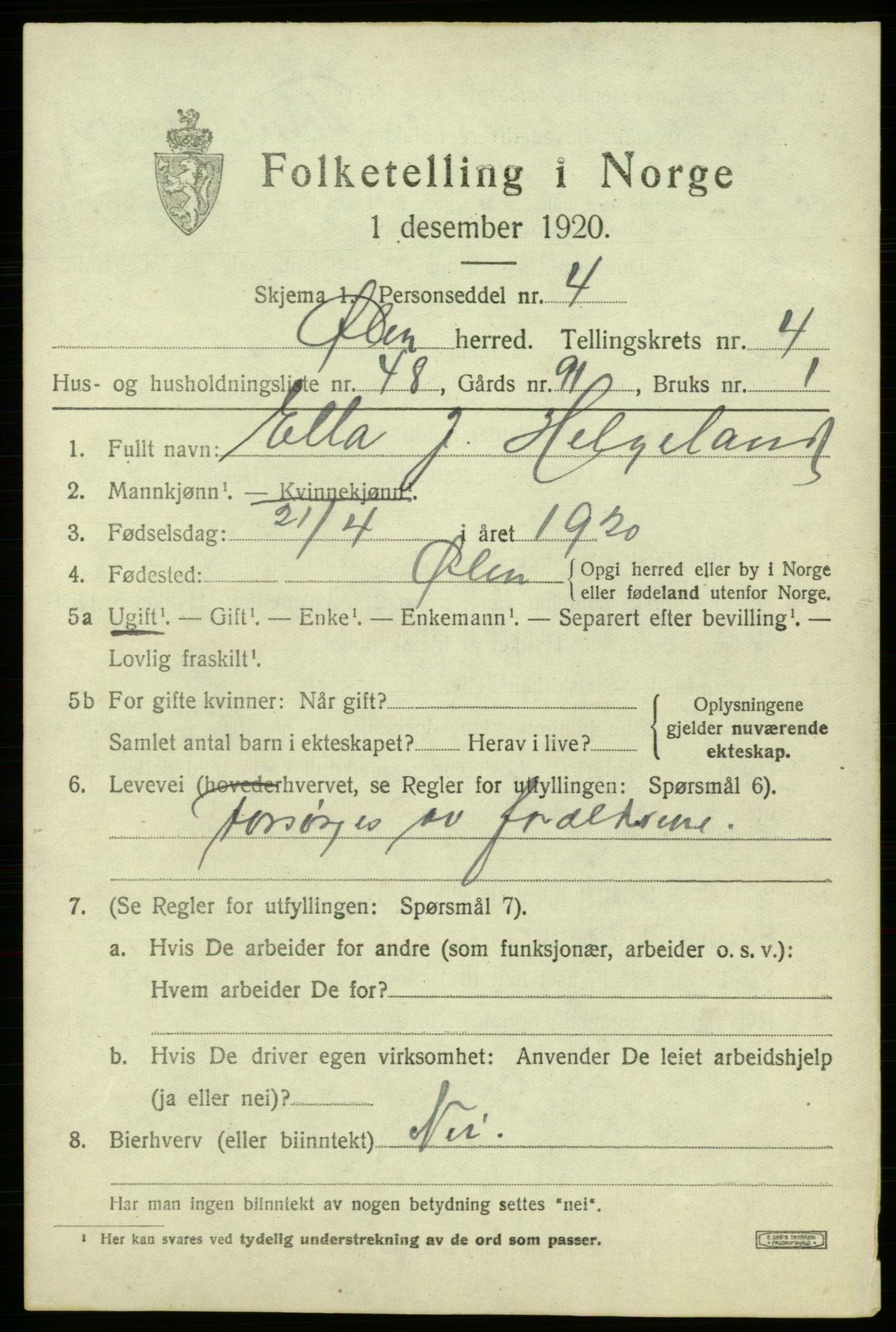 SAB, 1920 census for Ølen, 1920, p. 2309