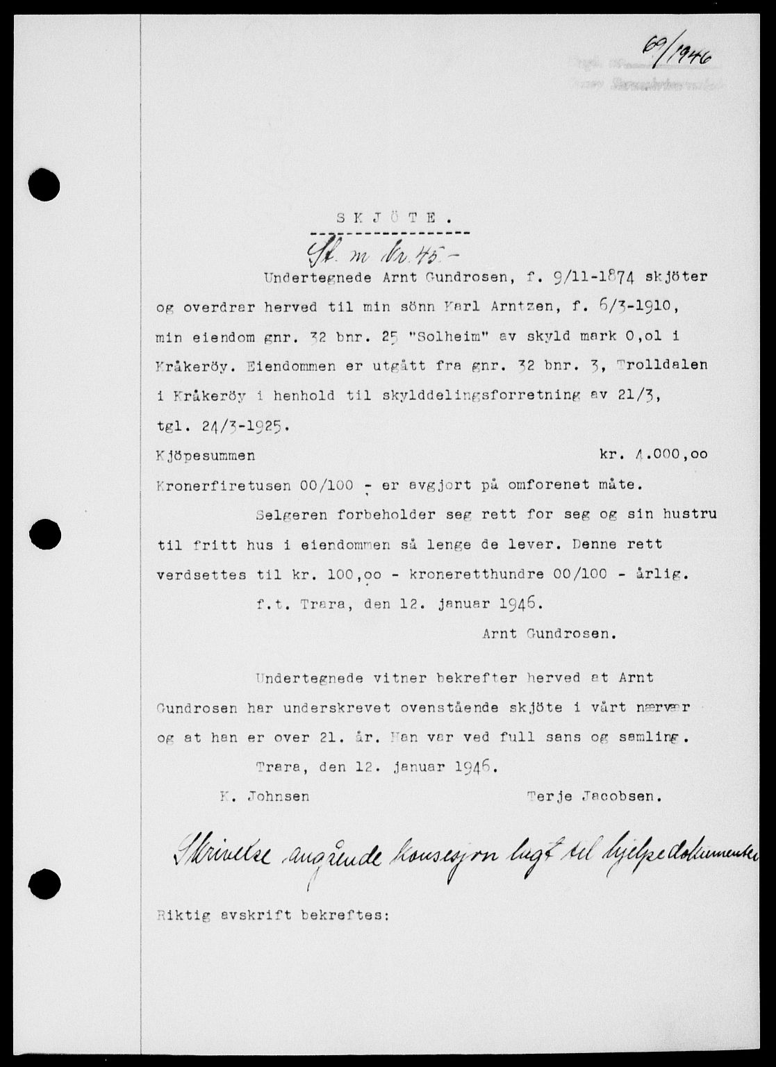 Onsøy sorenskriveri, SAO/A-10474/G/Ga/Gab/L0015: Mortgage book no. II A-15, 1945-1946, Diary no: : 69/1946