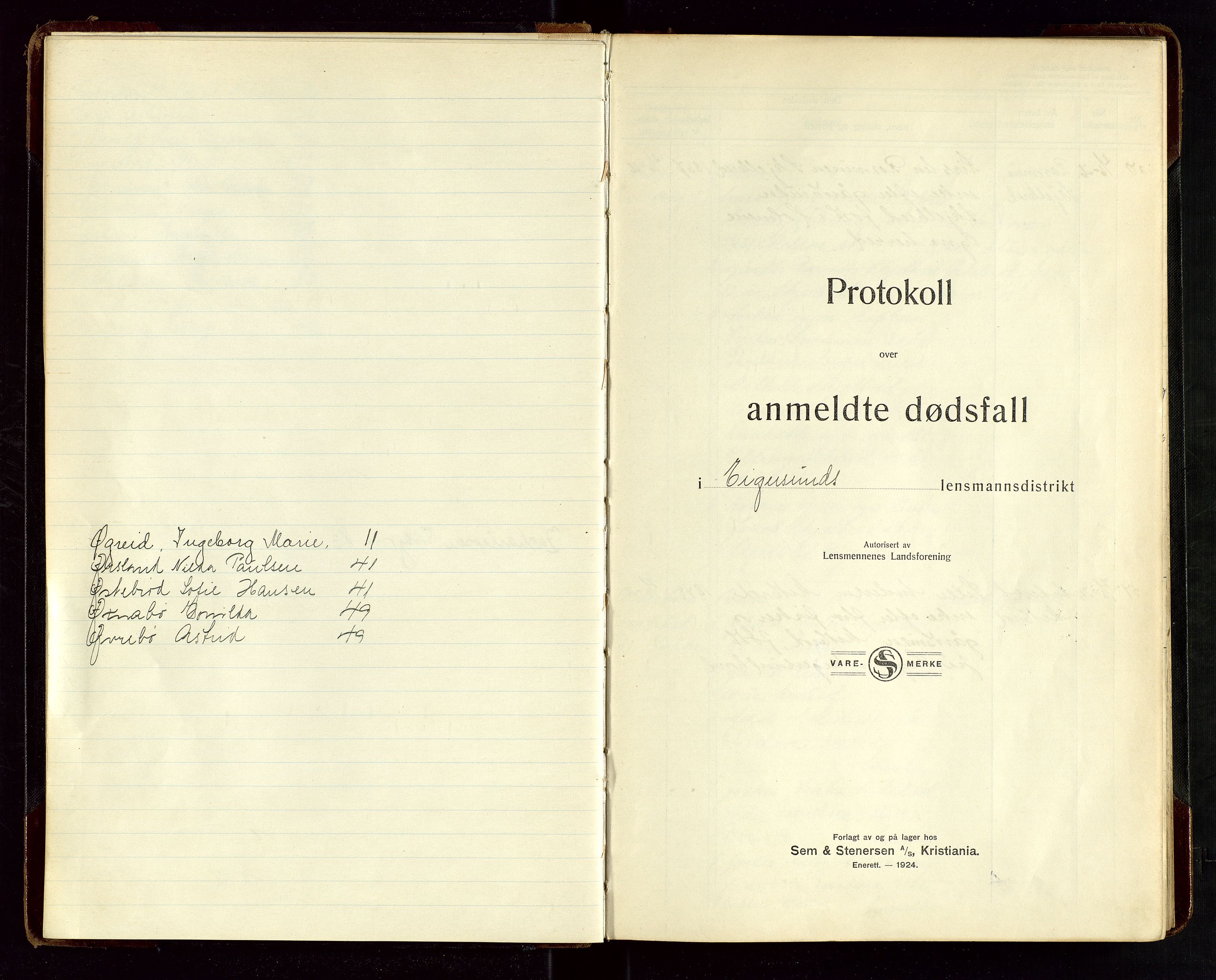 Eigersund lensmannskontor, SAST/A-100171/Gga/L0010: "Protokoll over anmeldte dødsfall" m/alfabetisk navneregister, 1926-1928
