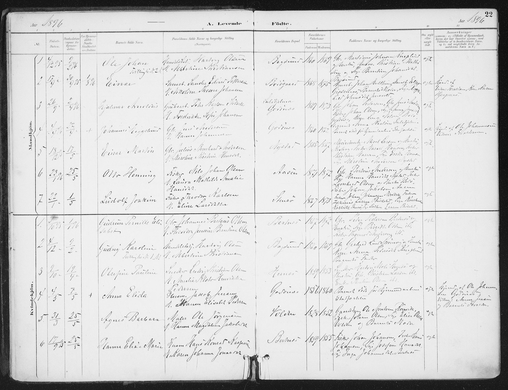 Ministerialprotokoller, klokkerbøker og fødselsregistre - Nordland, SAT/A-1459/802/L0055: Parish register (official) no. 802A02, 1894-1915, p. 22