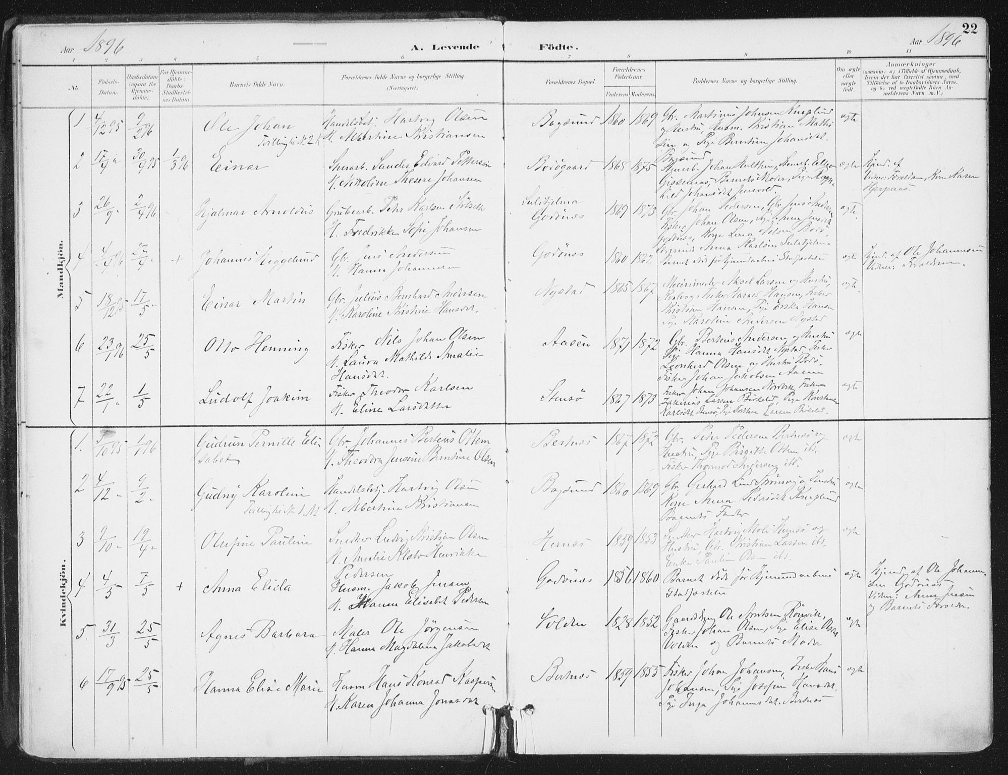 Ministerialprotokoller, klokkerbøker og fødselsregistre - Nordland, AV/SAT-A-1459/802/L0055: Parish register (official) no. 802A02, 1894-1915, p. 22