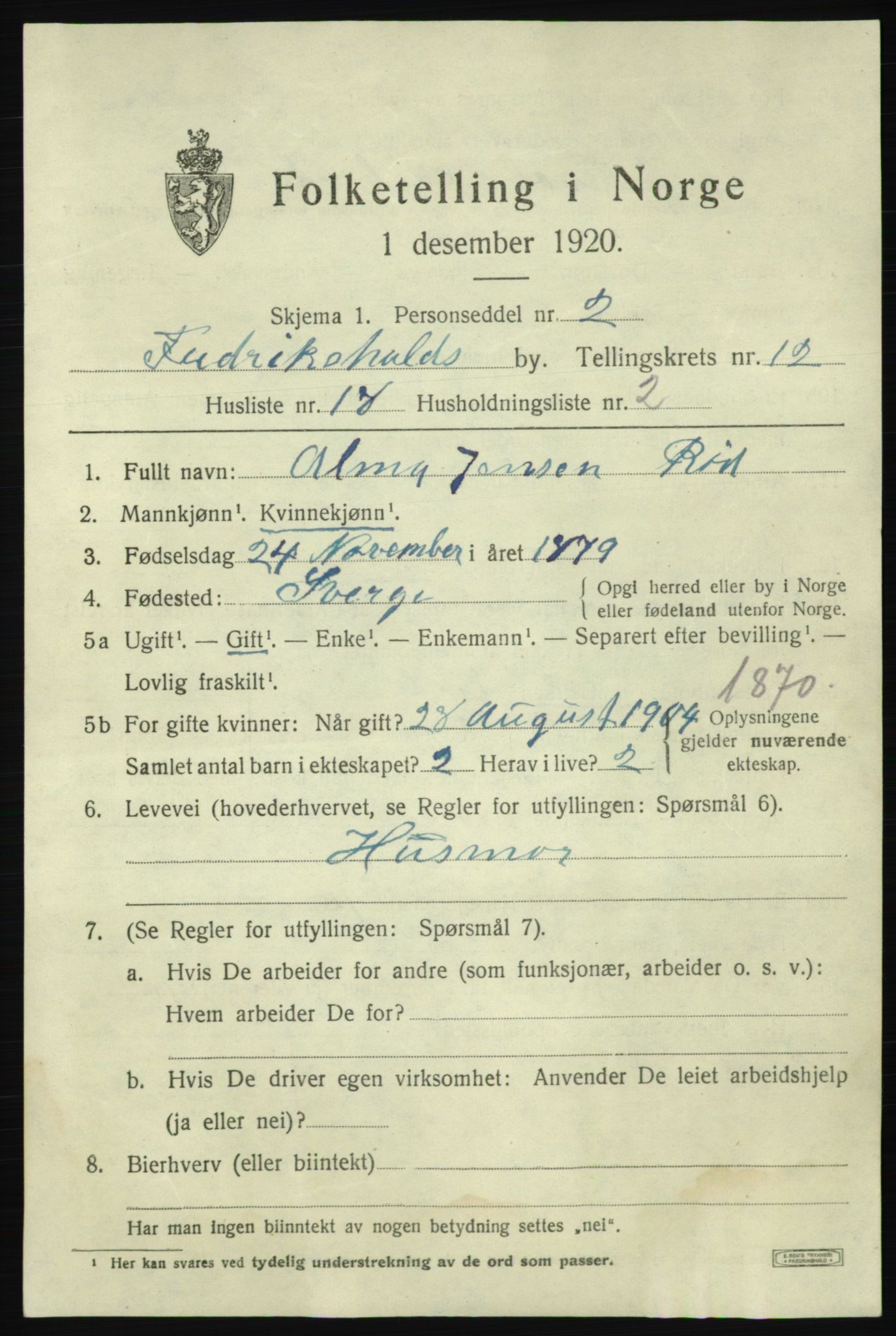 SAO, 1920 census for Fredrikshald, 1920, p. 20257