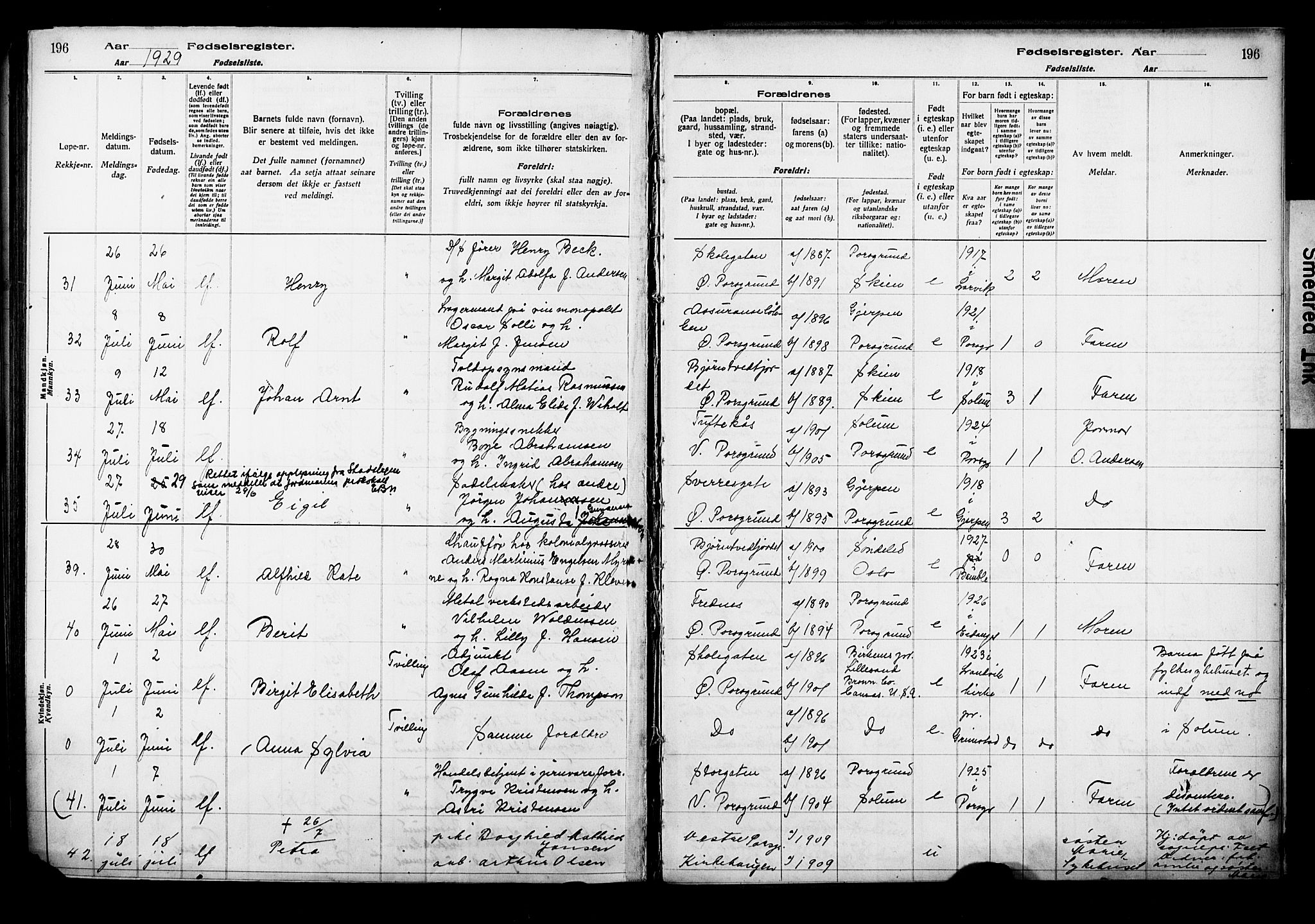 Porsgrunn kirkebøker , AV/SAKO-A-104/J/Ja/L0001: Birth register no. 1, 1916-1929, p. 196
