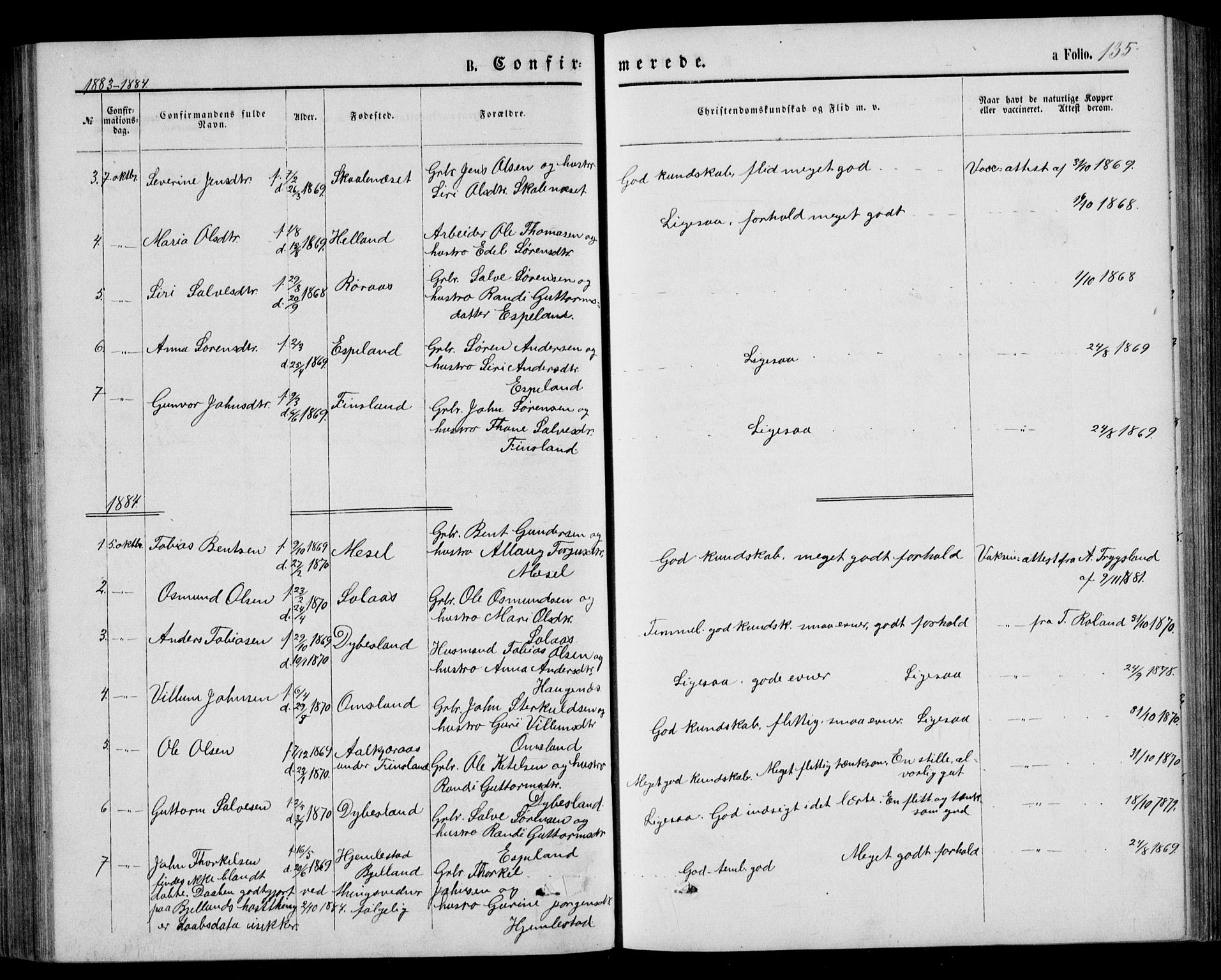 Bjelland sokneprestkontor, SAK/1111-0005/F/Fb/Fbb/L0004: Parish register (copy) no. B 4, 1867-1887, p. 135