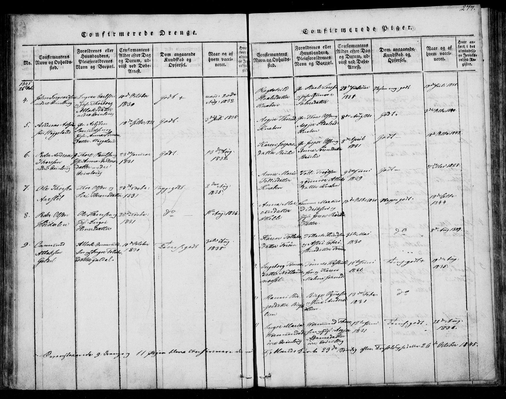 Fjotland sokneprestkontor, AV/SAK-1111-0010/F/Fb/L0001: Parish register (copy) no. B 1, 1816-1849, p. 277