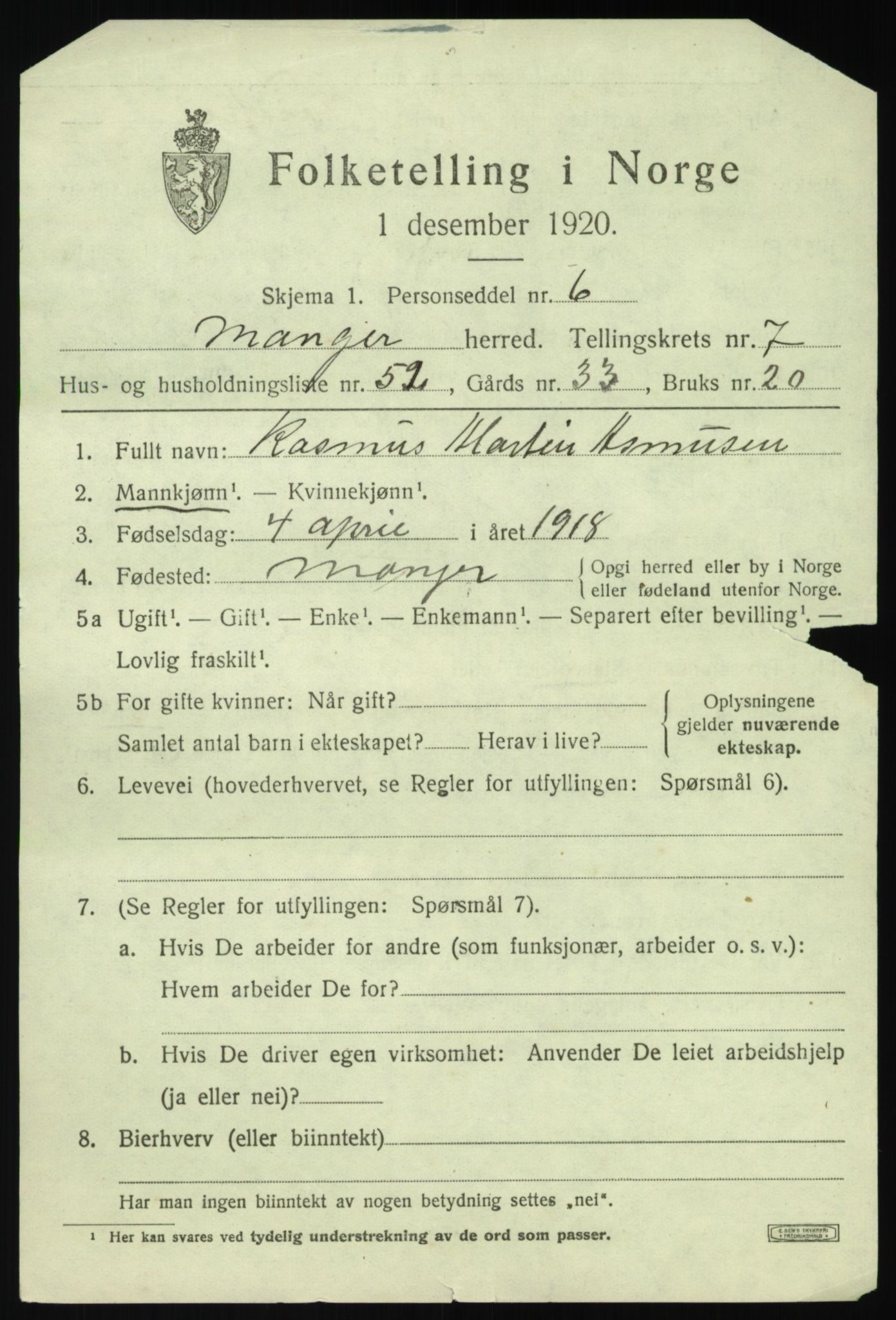 SAB, 1920 census for Manger, 1920, p. 5027