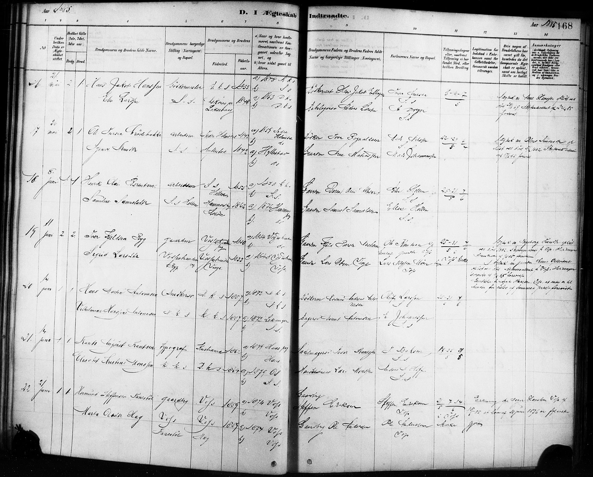 Sandviken Sokneprestembete, AV/SAB-A-77601/H/Ha/L0002: Parish register (official) no. A 2, 1878-1896, p. 168