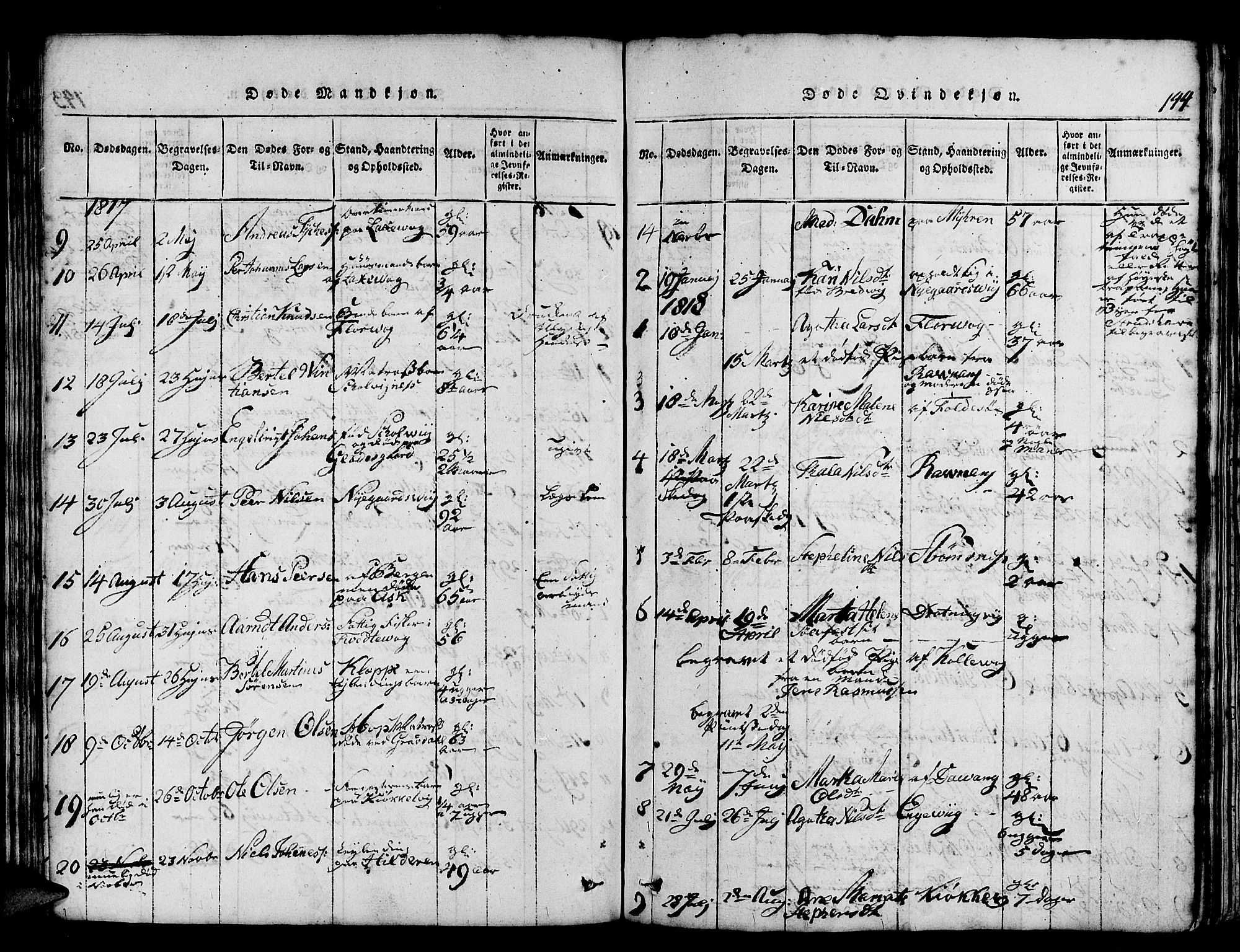 Askøy Sokneprestembete, AV/SAB-A-74101/H/Ha/Haa/Haaa/L0003: Parish register (official) no. A 3, 1815-1825, p. 144