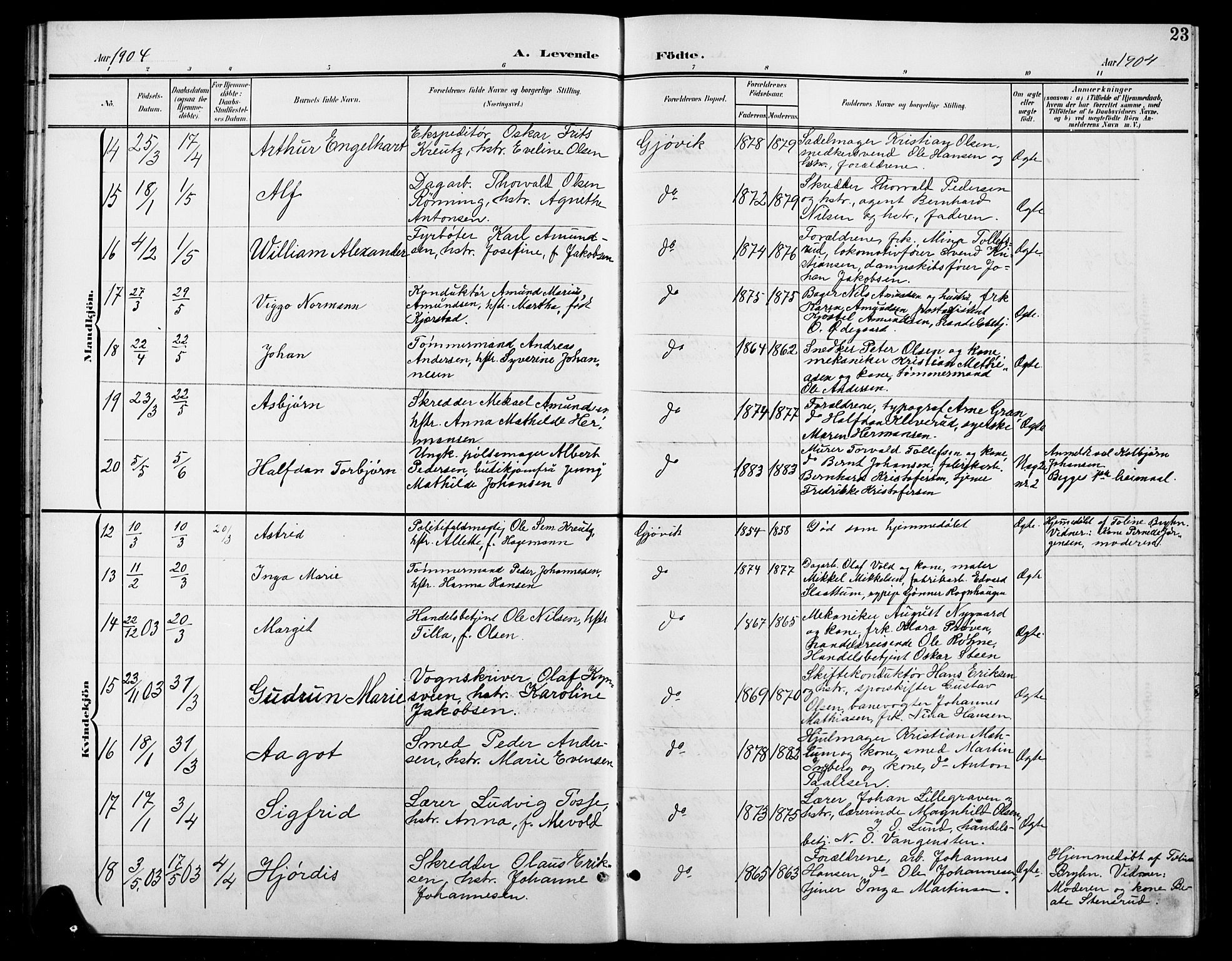 Vardal prestekontor, AV/SAH-PREST-100/H/Ha/Hab/L0012: Parish register (copy) no. 12, 1902-1911, p. 23