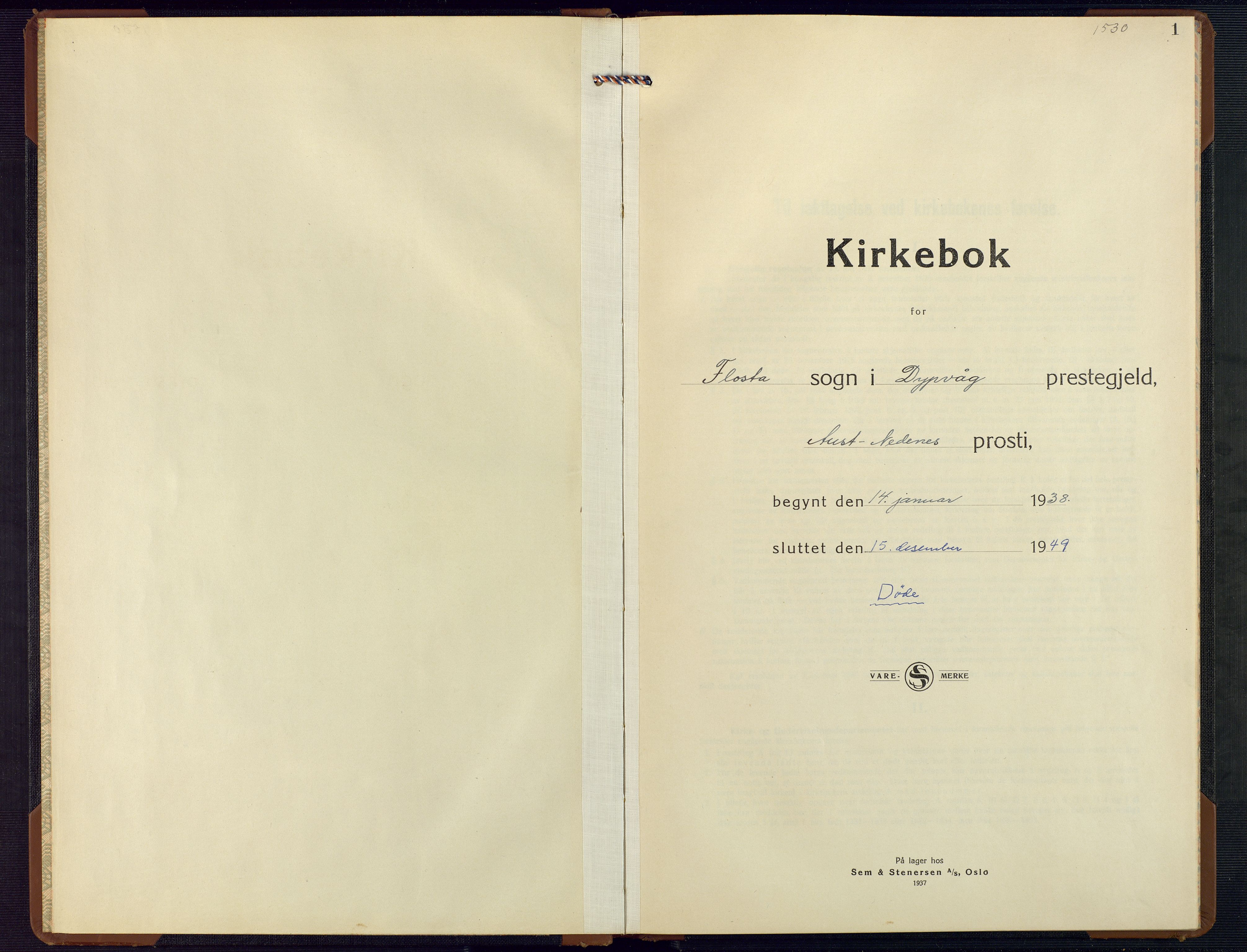 Dypvåg sokneprestkontor, SAK/1111-0007/F/Fb/Fbb/L0007: Parish register (copy) no. B 7, 1938-1949, p. 1