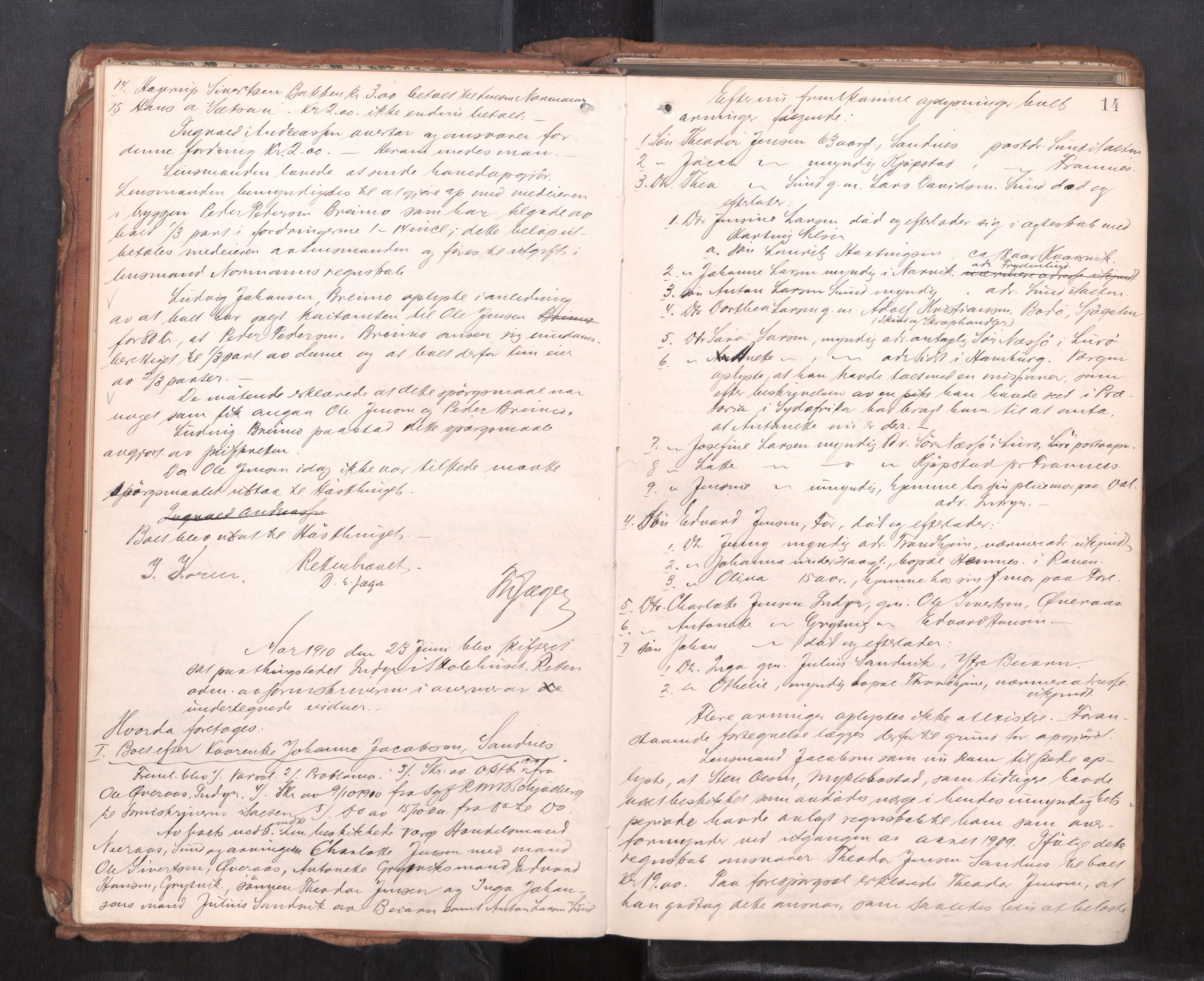 Salten sorenskriveri, AV/SAT-A-4578/1/3/3B/L0012: Skiftebehandlingsprotokoll, 1910-1915, p. 14