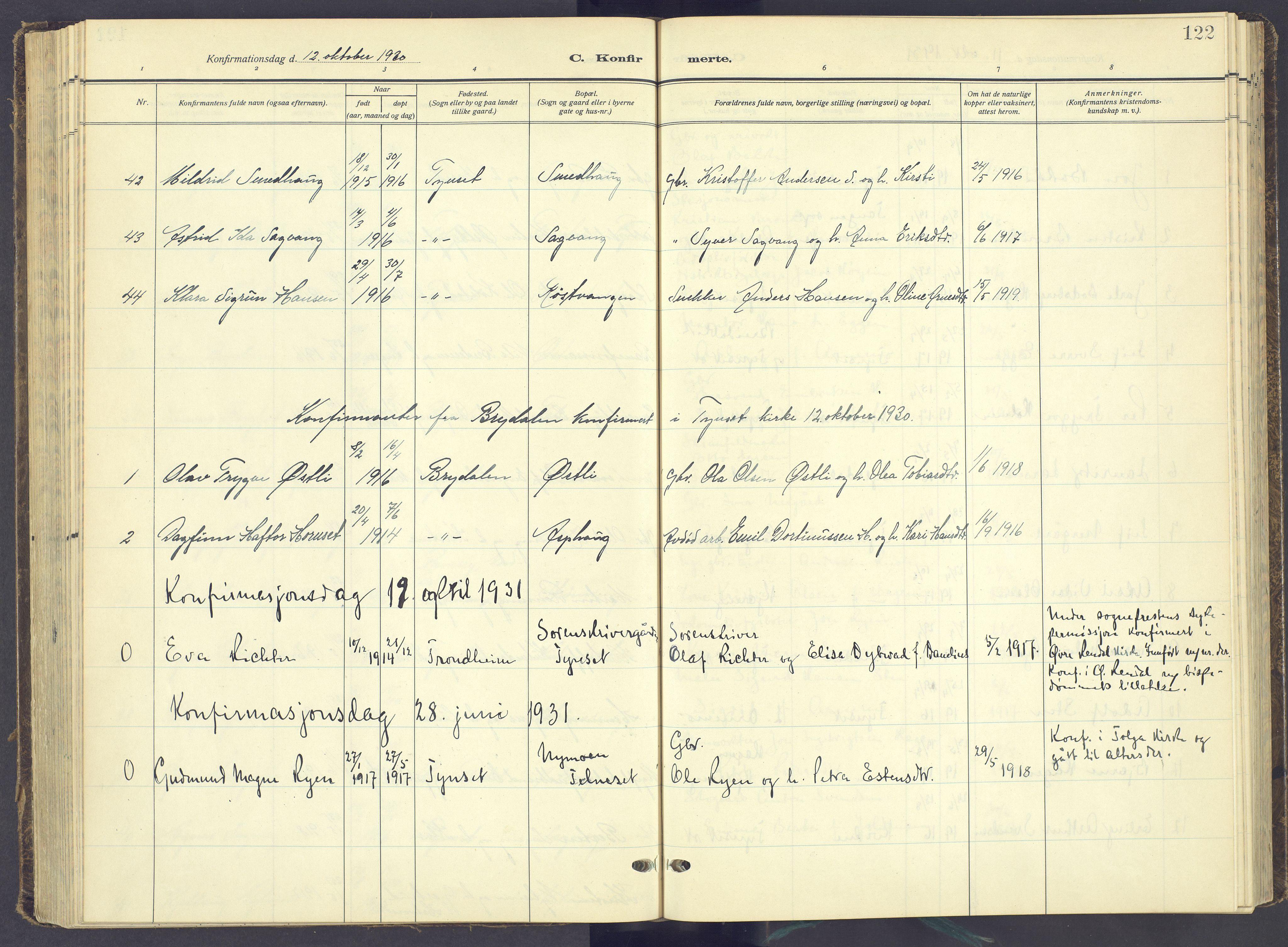 Tynset prestekontor, AV/SAH-PREST-058/H/Ha/Haa/L0027: Parish register (official) no. 27, 1930-1944, p. 122