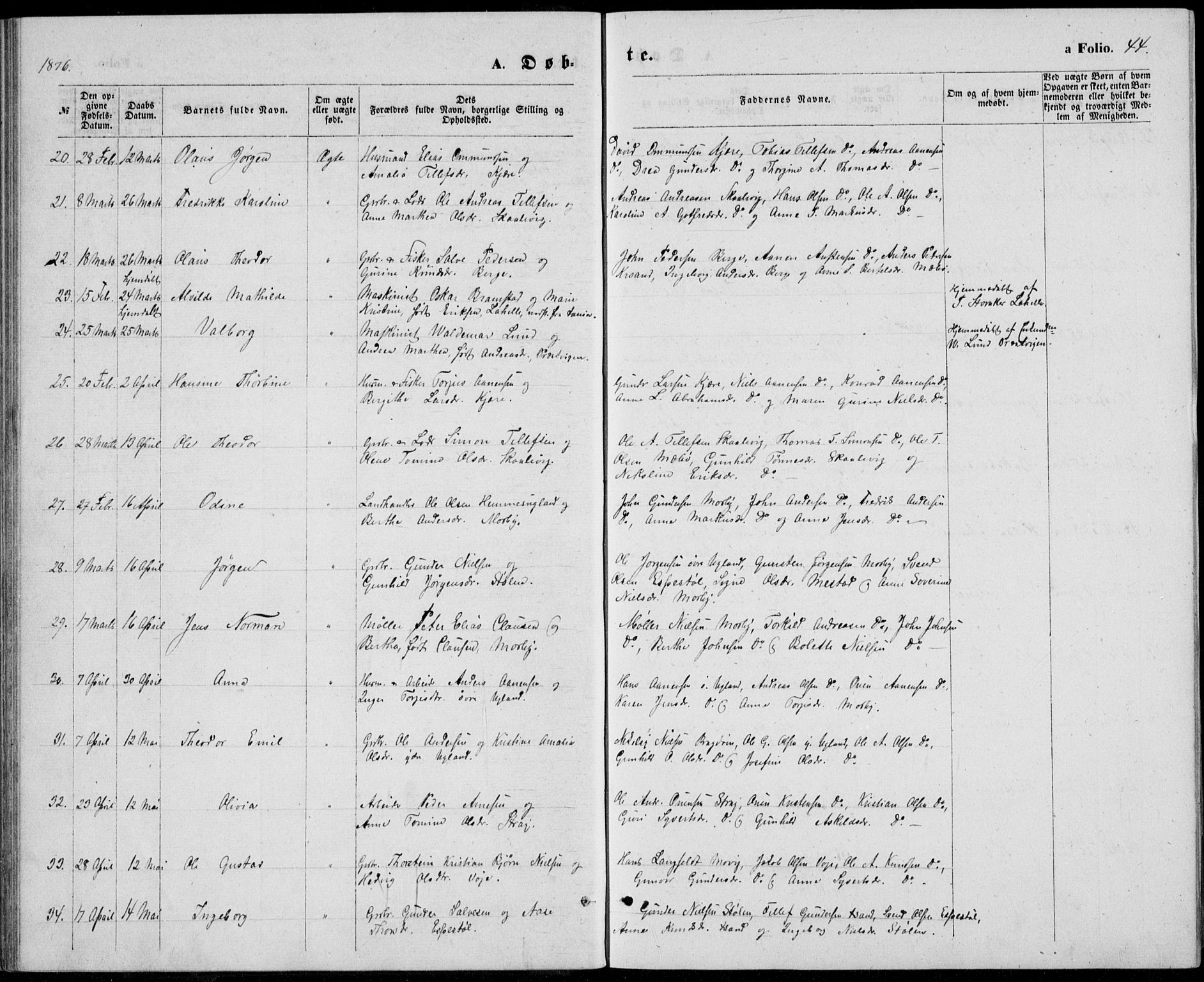 Oddernes sokneprestkontor, SAK/1111-0033/F/Fb/Fba/L0007: Parish register (copy) no. B 7, 1869-1887, p. 44