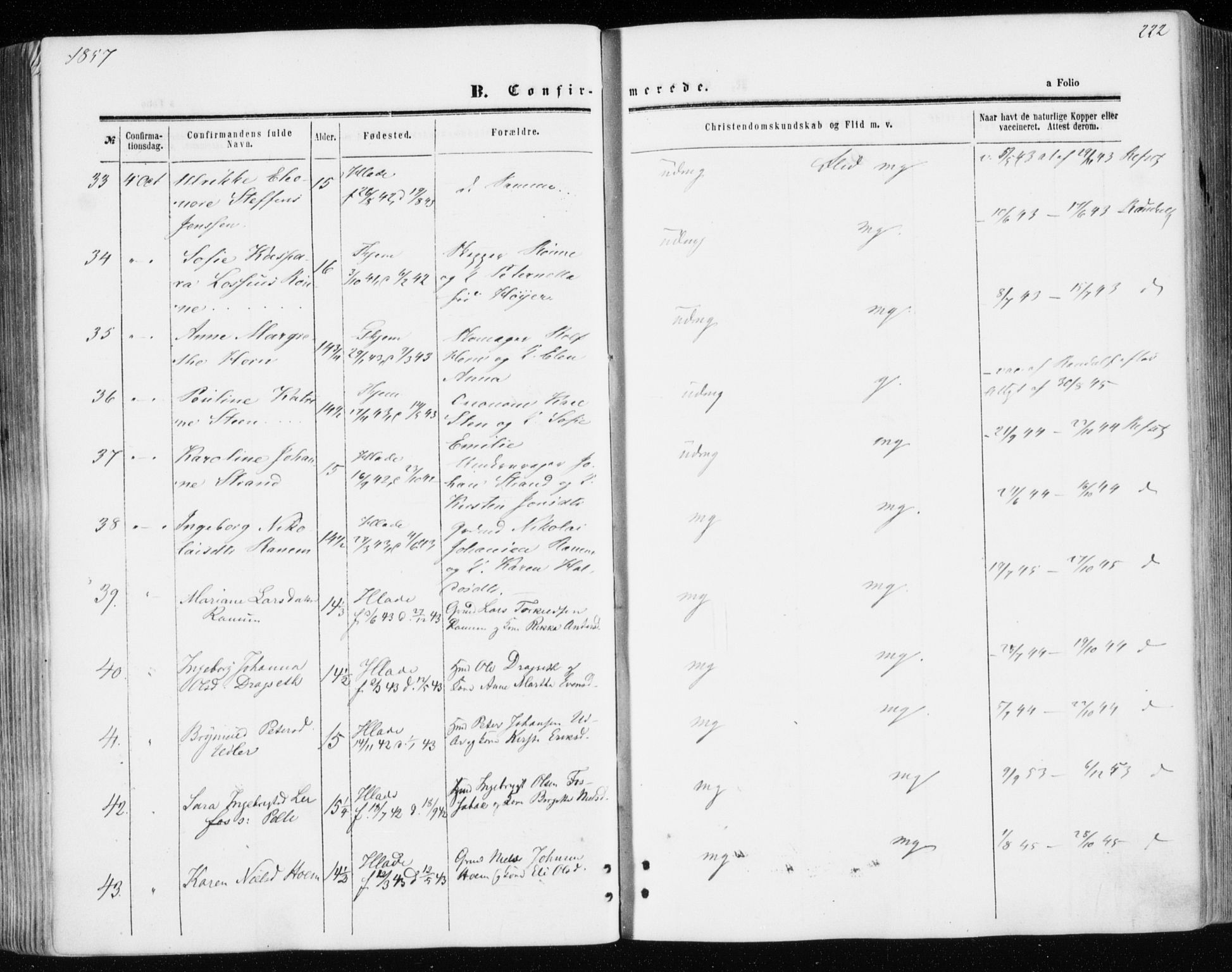 Ministerialprotokoller, klokkerbøker og fødselsregistre - Sør-Trøndelag, AV/SAT-A-1456/606/L0292: Parish register (official) no. 606A07, 1856-1865, p. 222