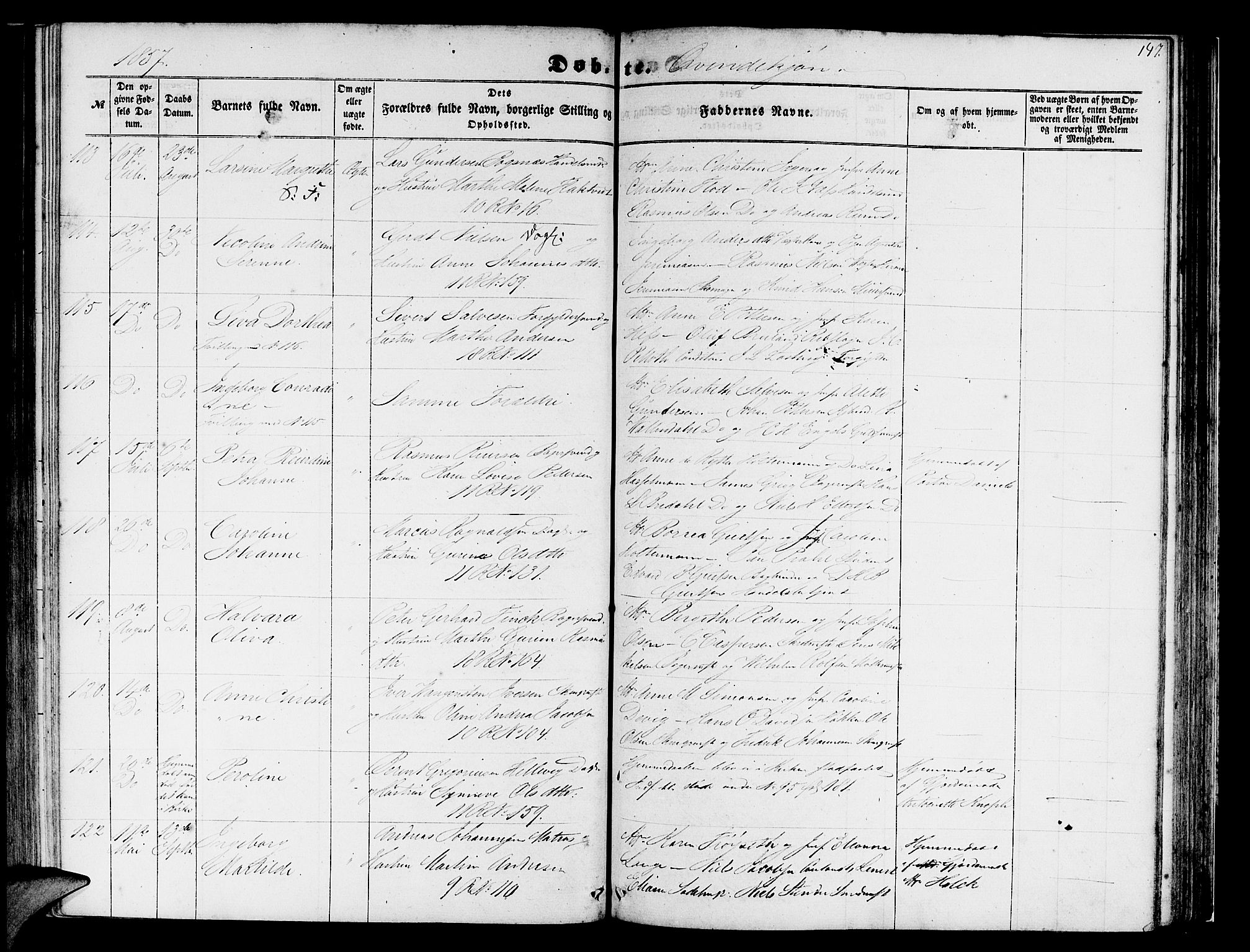 Domkirken sokneprestembete, SAB/A-74801/H/Hab/L0011: Parish register (copy) no. B 4, 1856-1862, p. 147