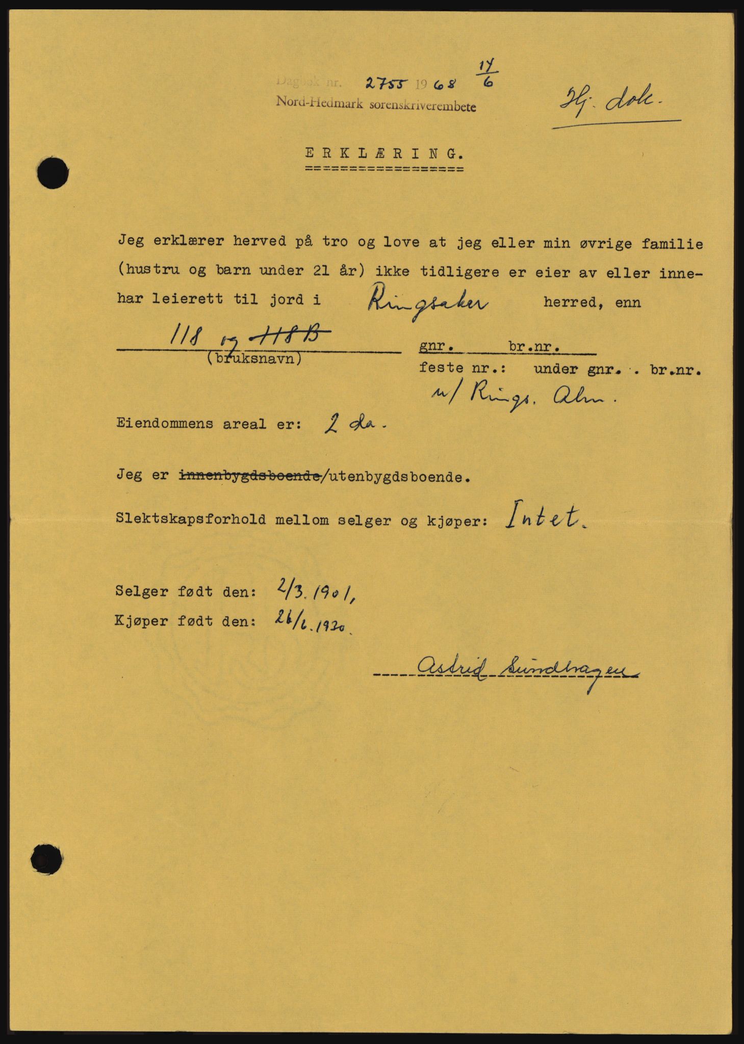 Nord-Hedmark sorenskriveri, SAH/TING-012/H/Hc/L0028: Mortgage book no. 28, 1968-1968, Diary no: : 2755/1968