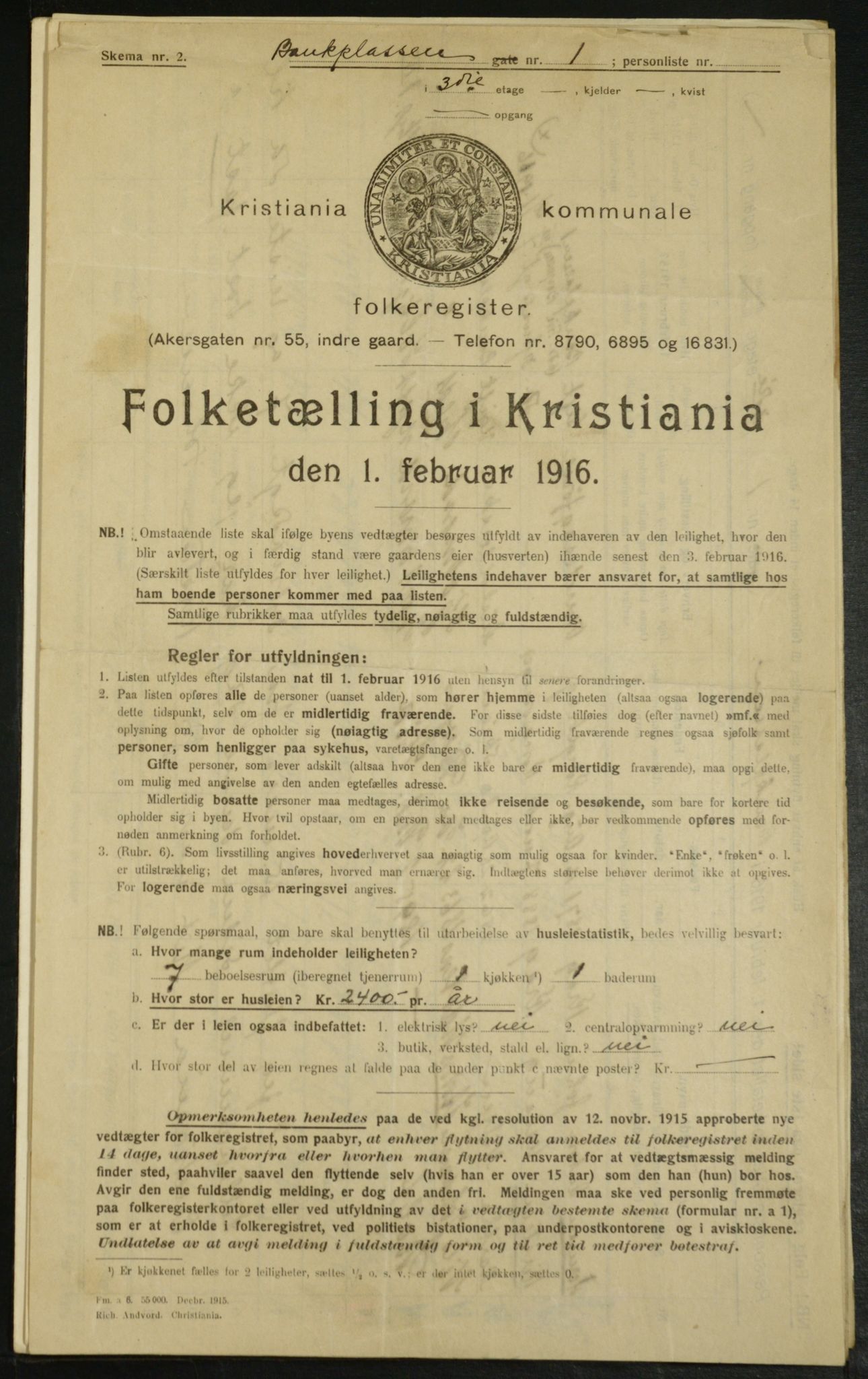 OBA, Municipal Census 1916 for Kristiania, 1916, p. 3409