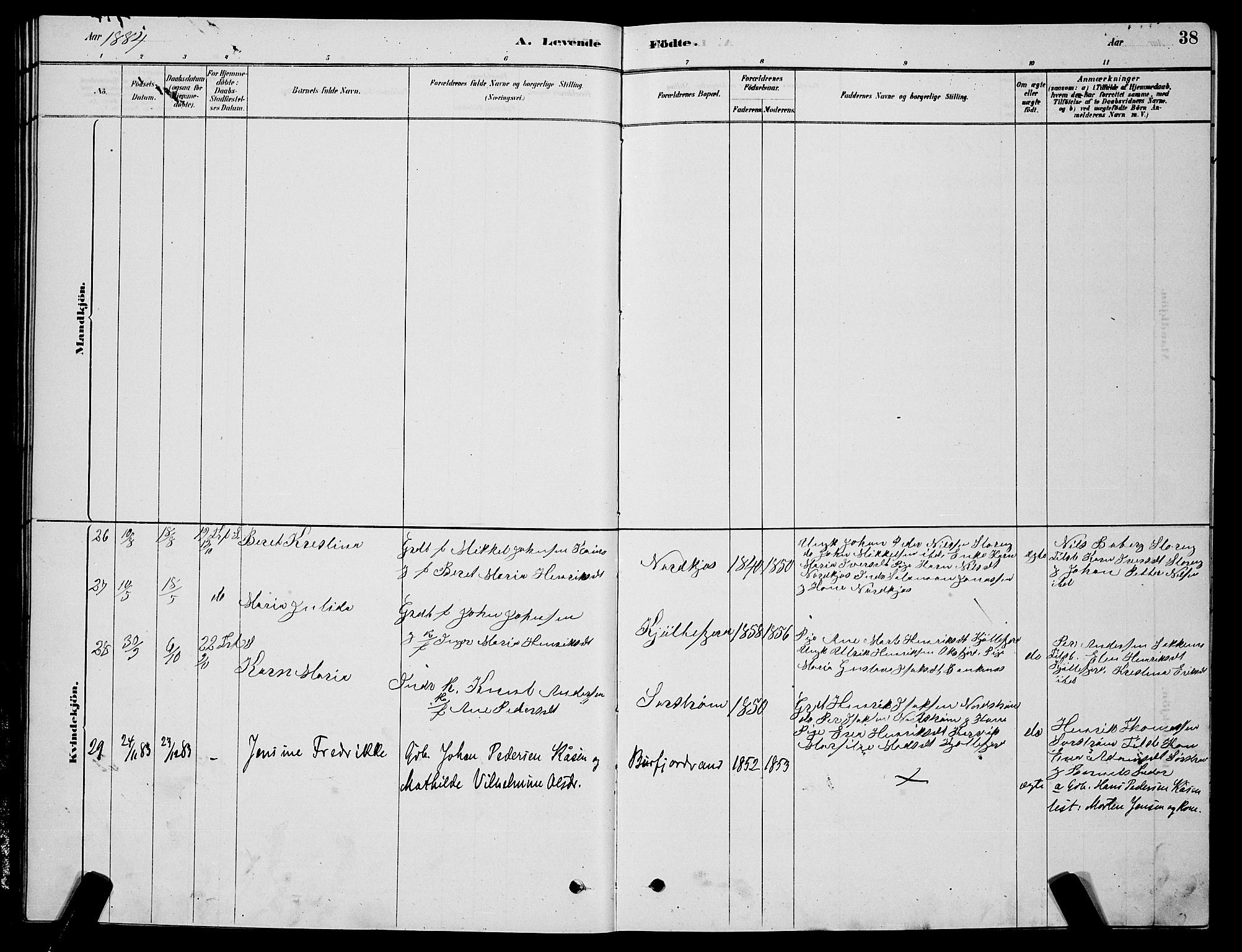 Skjervøy sokneprestkontor, AV/SATØ-S-1300/H/Ha/Hab/L0015klokker: Parish register (copy) no. 15, 1878-1890, p. 38