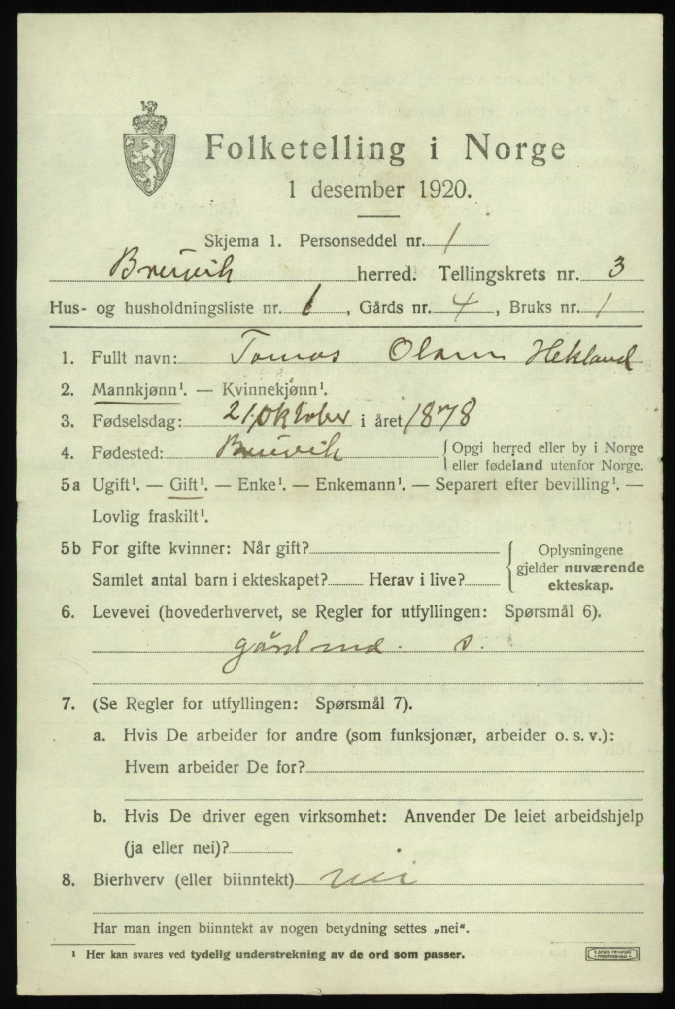 SAB, 1920 census for Bruvik, 1920, p. 1722