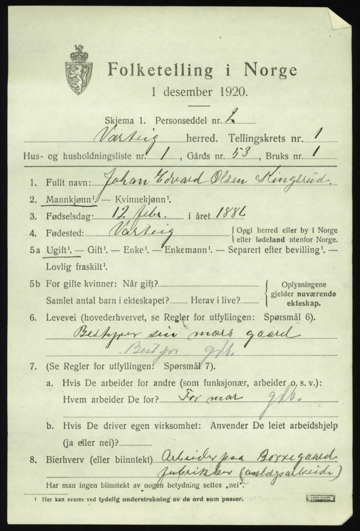 SAO, 1920 census for Varteig, 1920, p. 459