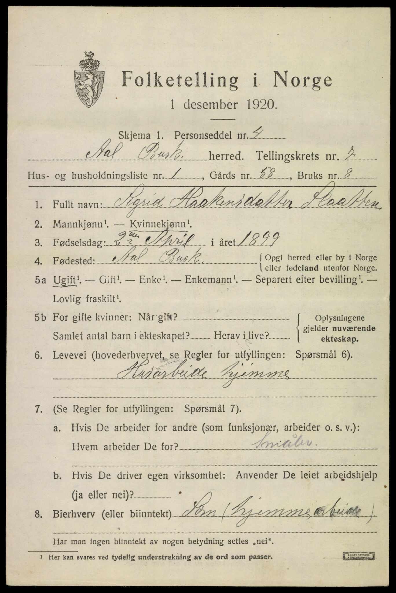 SAKO, 1920 census for Ål, 1920, p. 4796