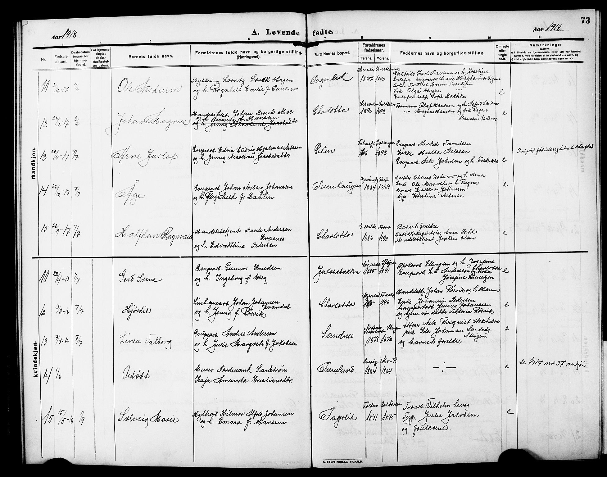 Ministerialprotokoller, klokkerbøker og fødselsregistre - Nordland, AV/SAT-A-1459/850/L0710: Parish register (official) no. 850A02, 1910-1920, p. 73