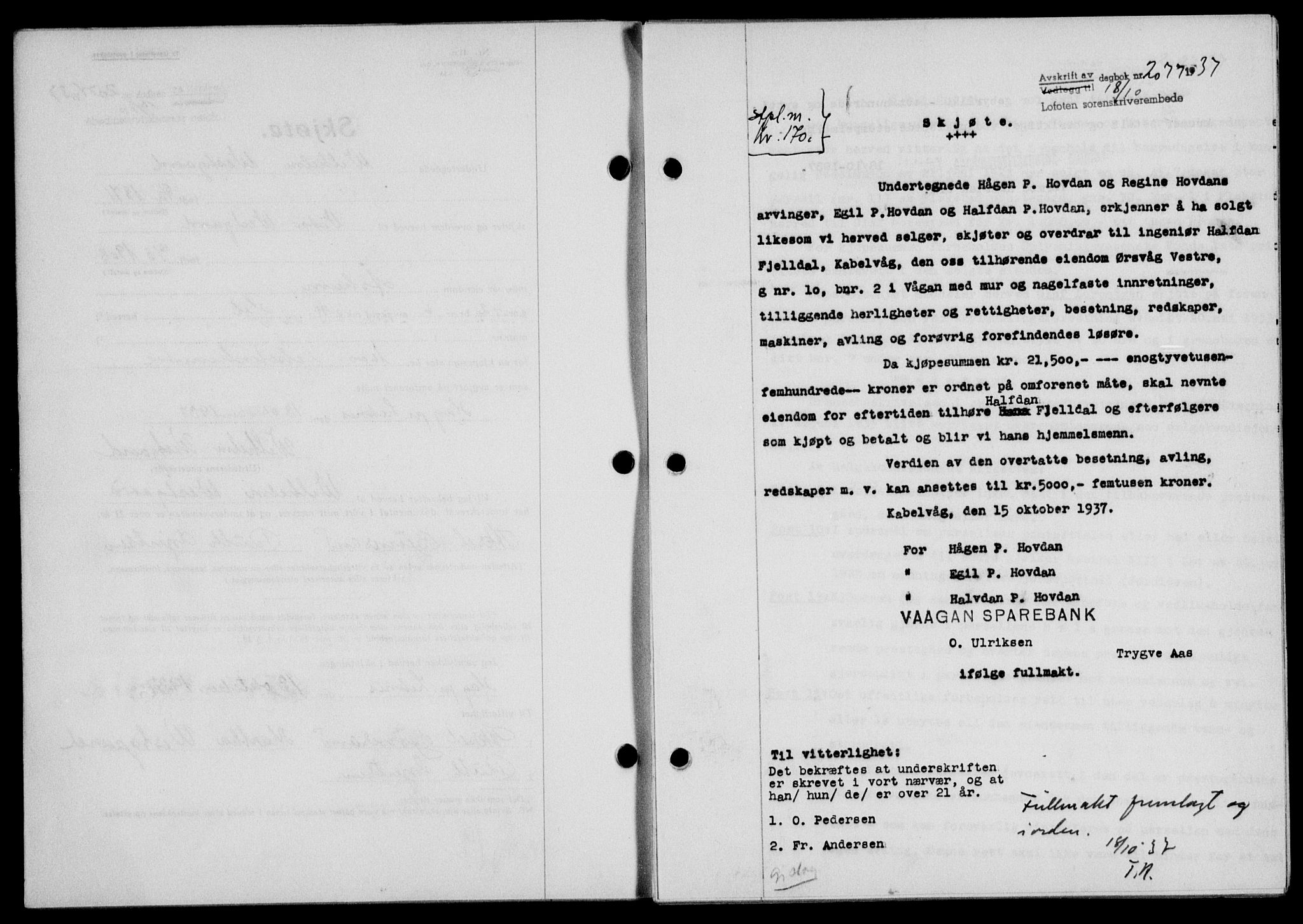 Lofoten sorenskriveri, SAT/A-0017/1/2/2C/L0003a: Mortgage book no. 3a, 1937-1938, Diary no: : 2077/1937