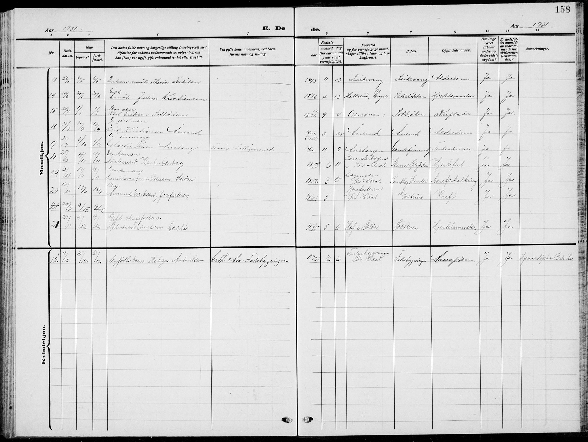 Sør-Odal prestekontor, AV/SAH-PREST-030/H/Ha/Hab/L0011: Parish register (copy) no. 11, 1922-1939, p. 158