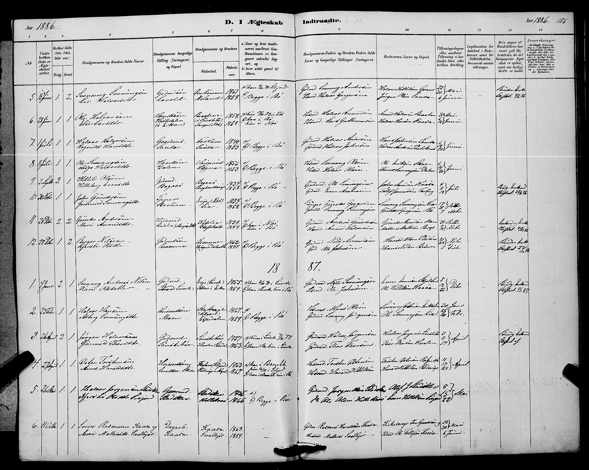 Bø kirkebøker, SAKO/A-257/G/Ga/L0005: Parish register (copy) no. 5, 1883-1897, p. 156