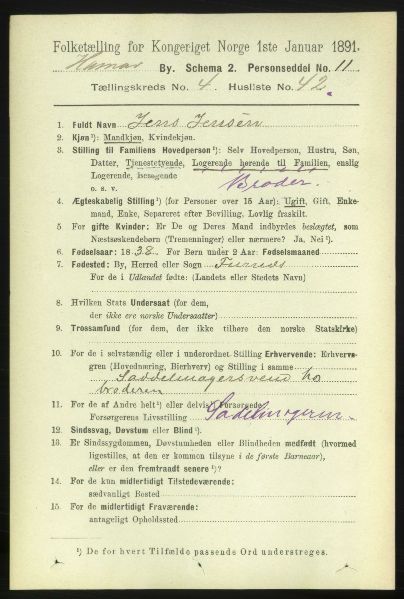 RA, 1891 census for 0401 Hamar, 1891, p. 3603
