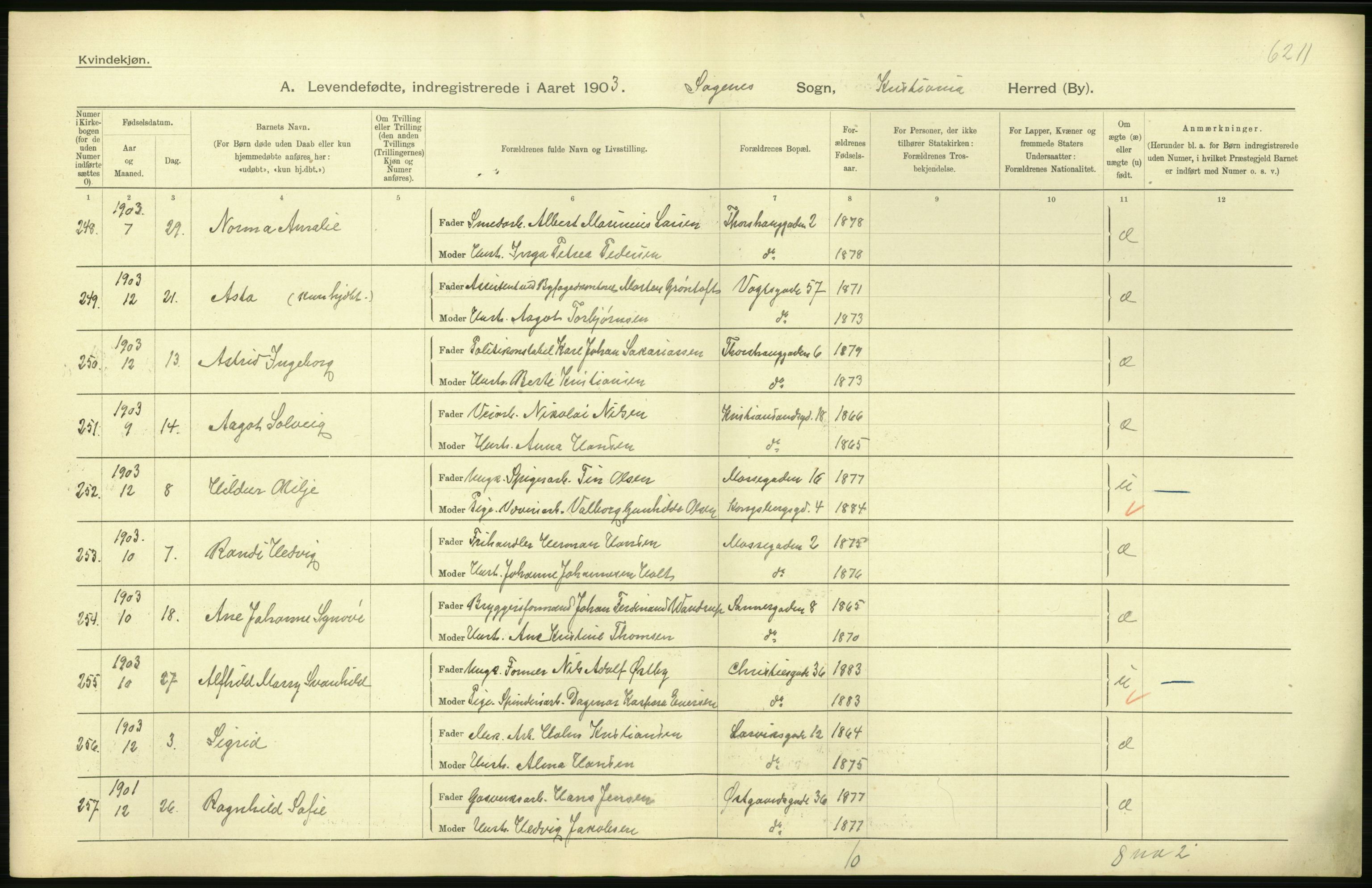 Statistisk sentralbyrå, Sosiodemografiske emner, Befolkning, AV/RA-S-2228/D/Df/Dfa/Dfaa/L0003: Kristiania: Fødte, 1903, p. 140