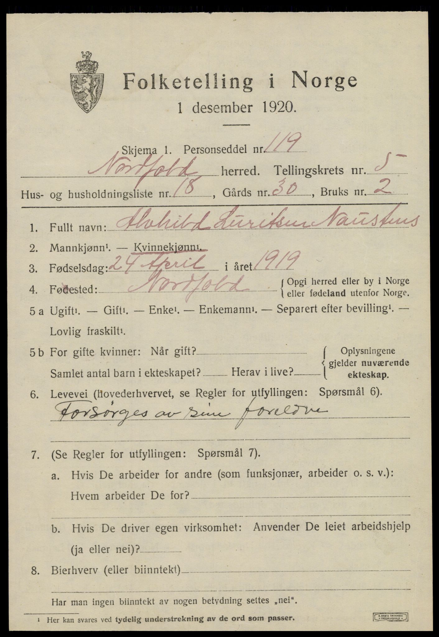 SAT, 1920 census for Nordfold, 1920, p. 2669