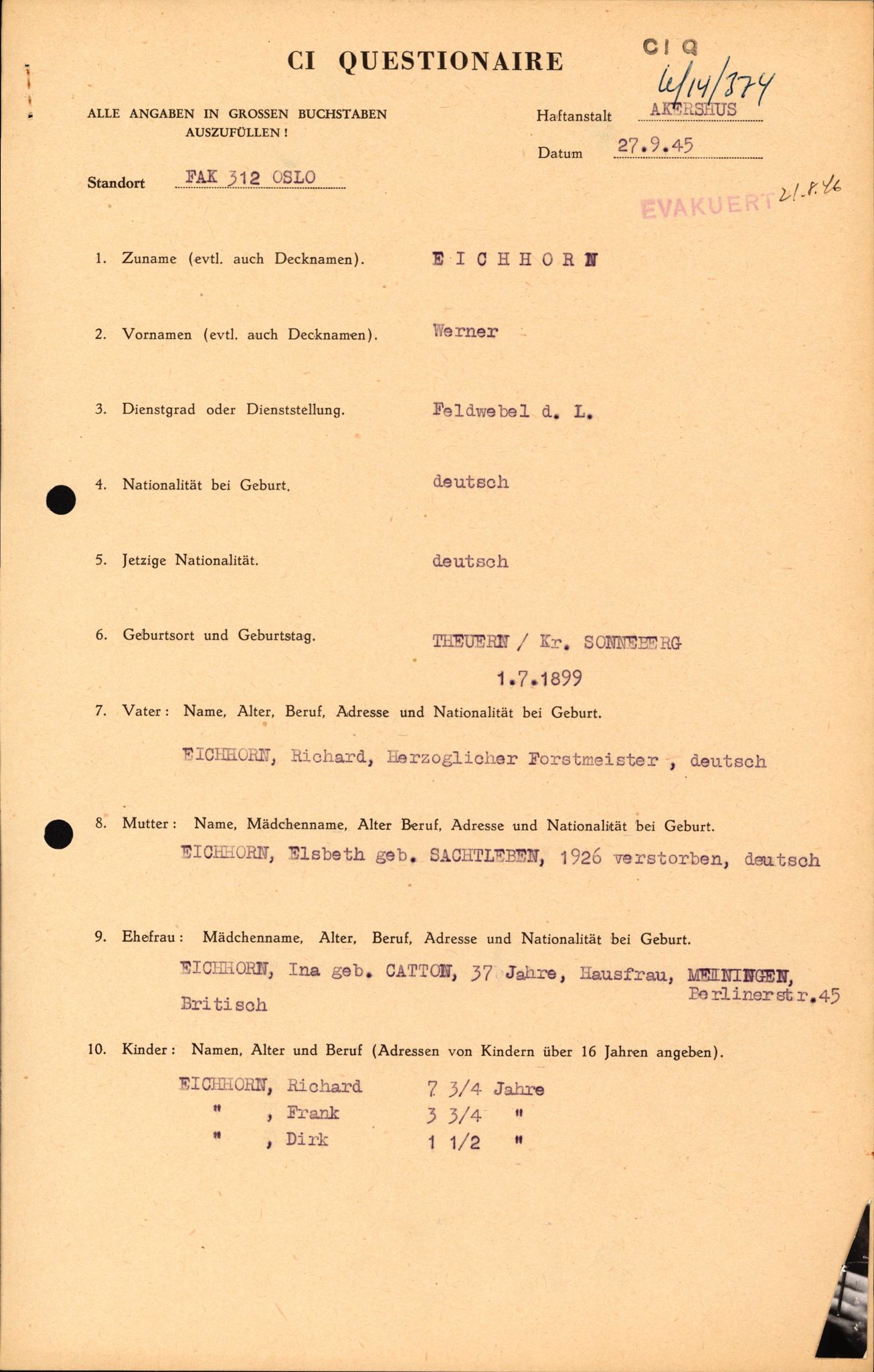 Forsvaret, Forsvarets overkommando II, RA/RAFA-3915/D/Db/L0007: CI Questionaires. Tyske okkupasjonsstyrker i Norge. Tyskere., 1945-1946, p. 97