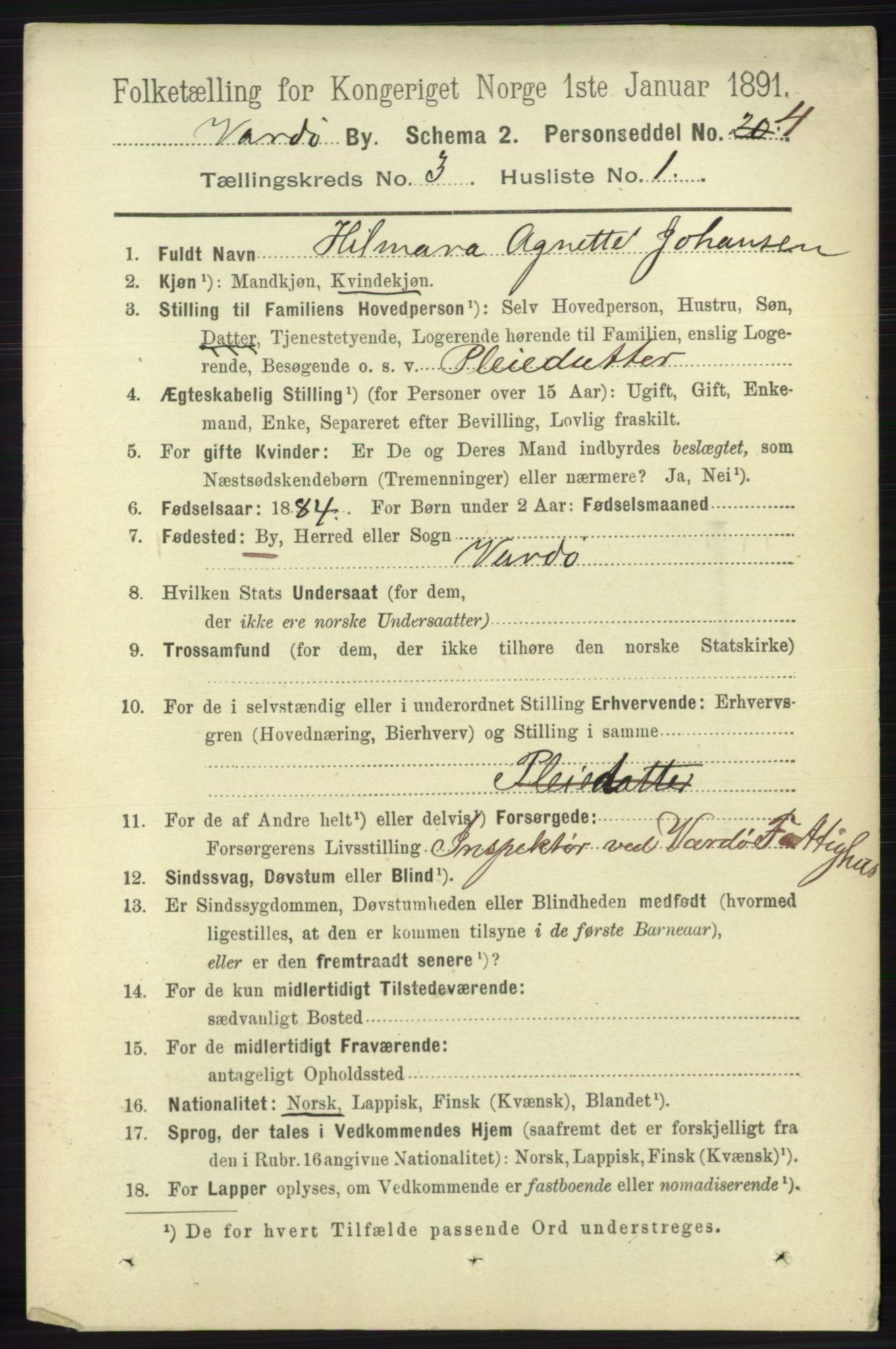 RA, 1891 census for 2002 Vardø, 1891, p. 1545