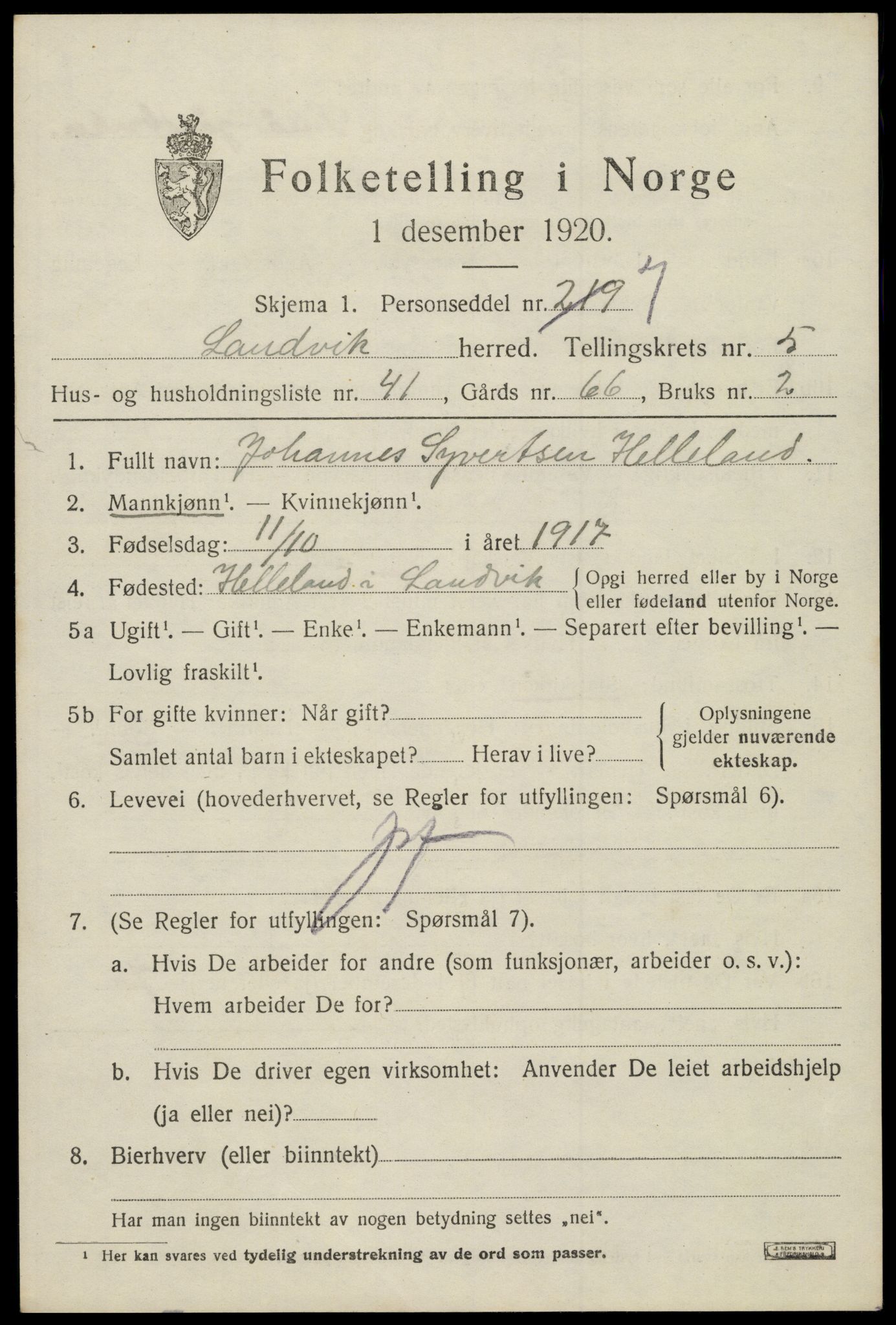 SAK, 1920 census for Landvik, 1920, p. 4446