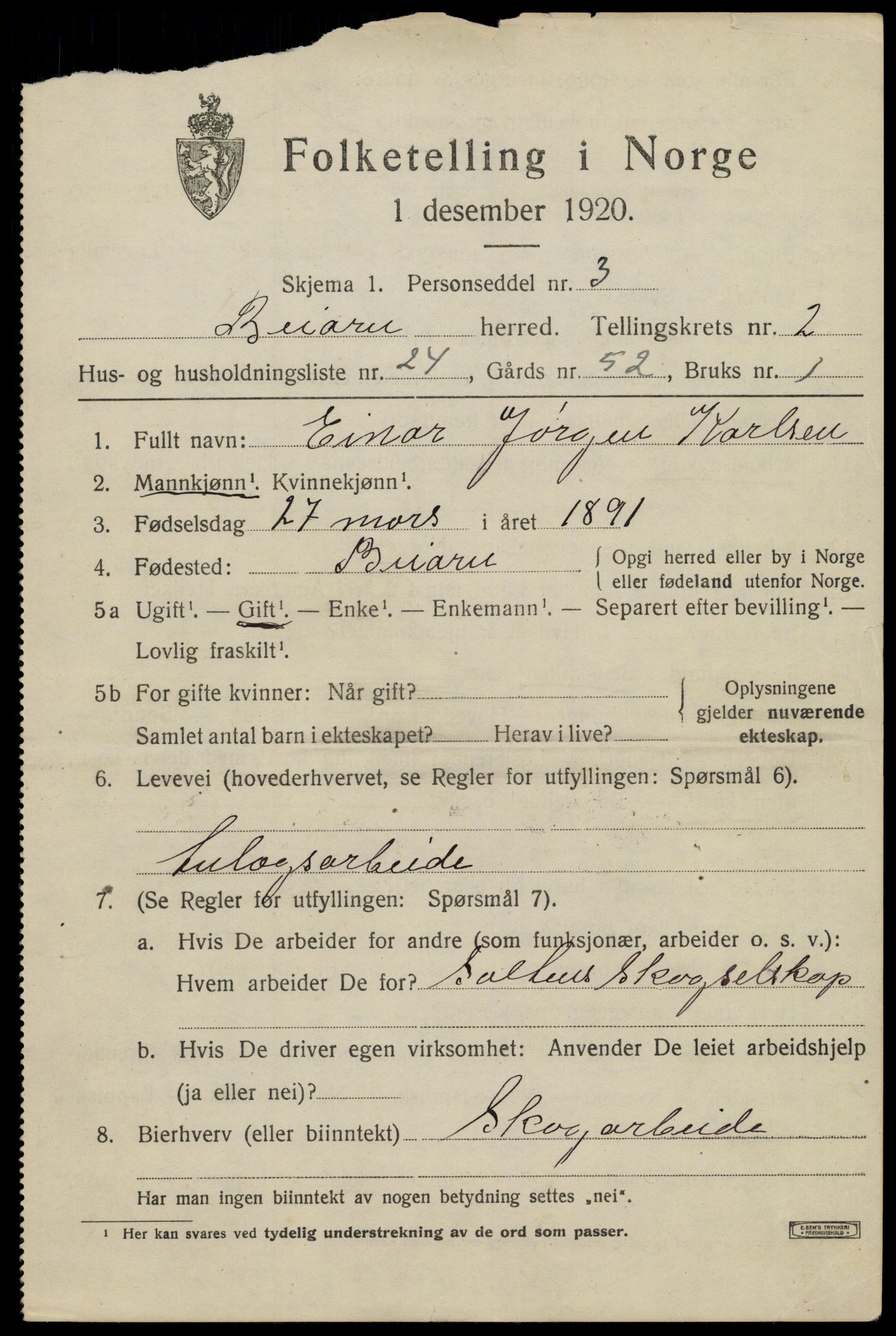 SAT, 1920 census for Beiarn, 1920, p. 1188